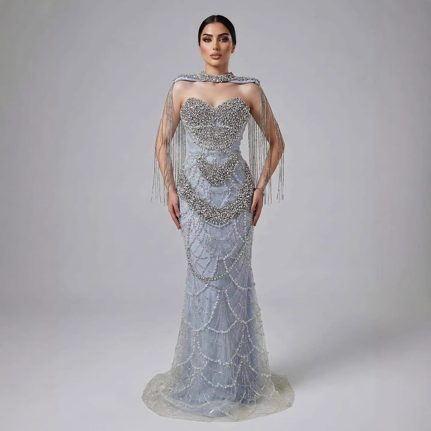 Luxury Dubai Nude Beaded Evening Dress with Tassel Short Cape LA72876