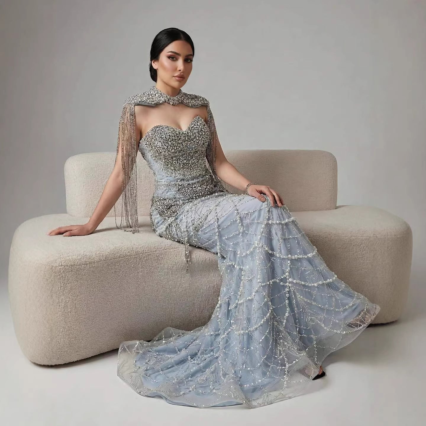 Luxury Dubai Nude Beaded Evening Dress with Tassel Short Cape LA72876