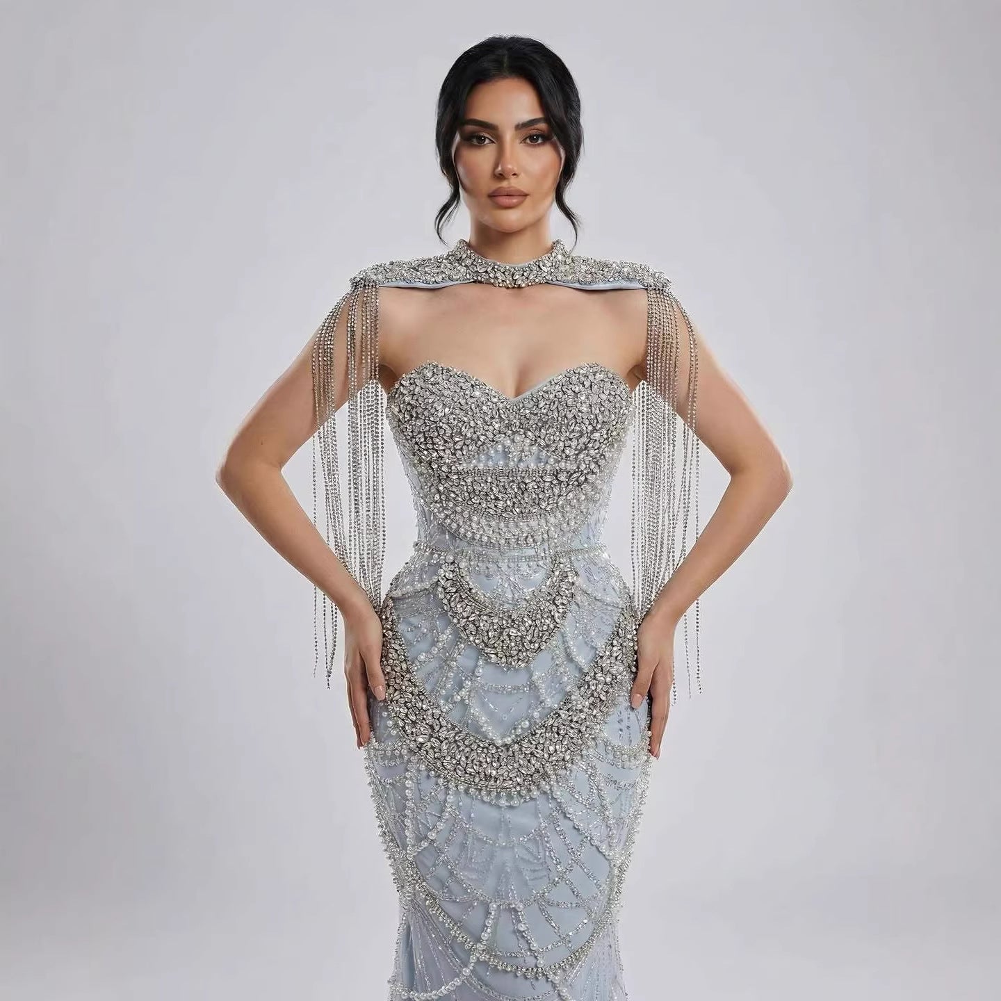 Luxury Dubai Nude Beaded Evening Dress with Tassel Short Cape LA72876