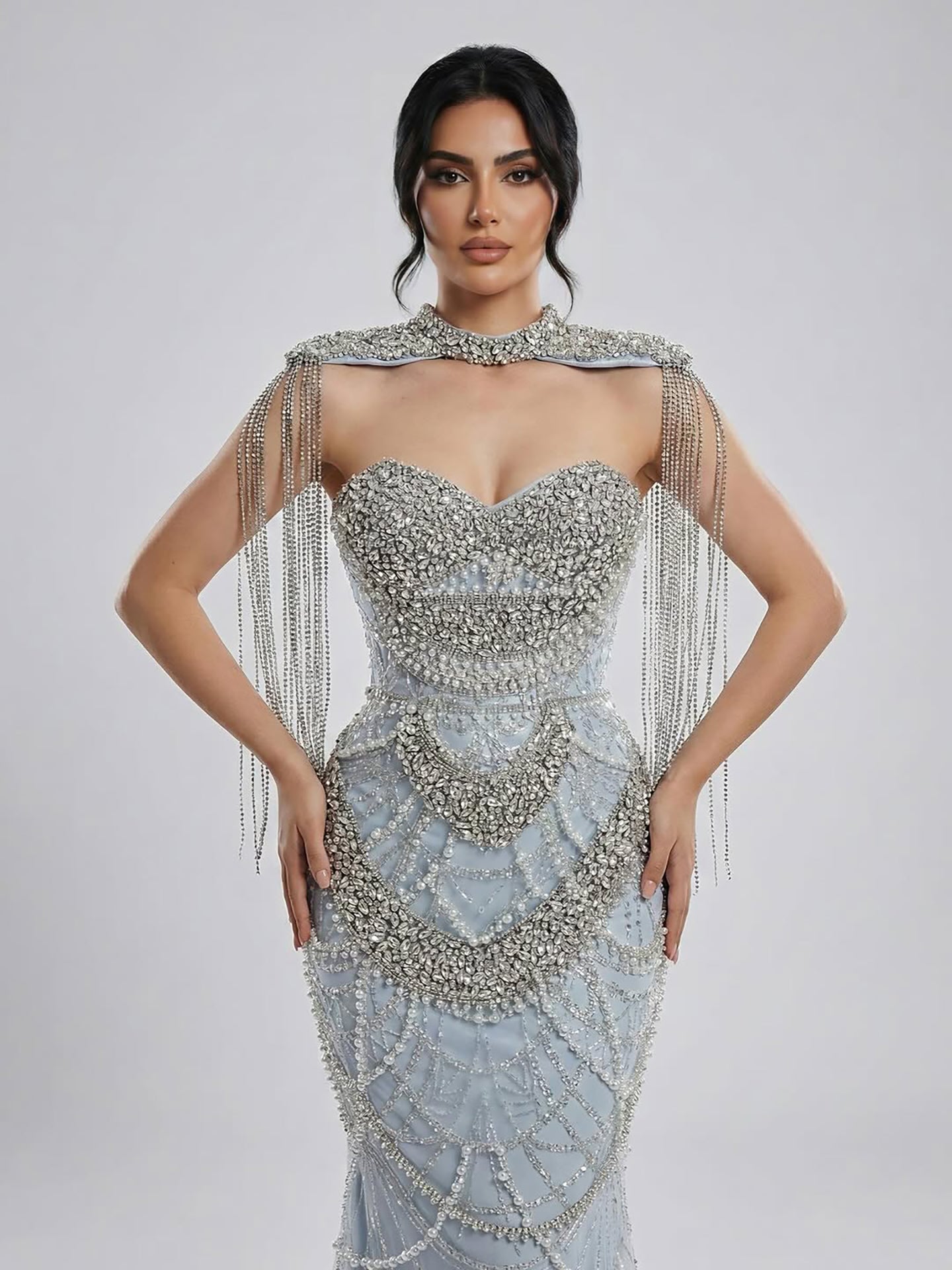 Luxury Dubai Nude Beaded Evening Dress with Tassel Short Cape LA72876