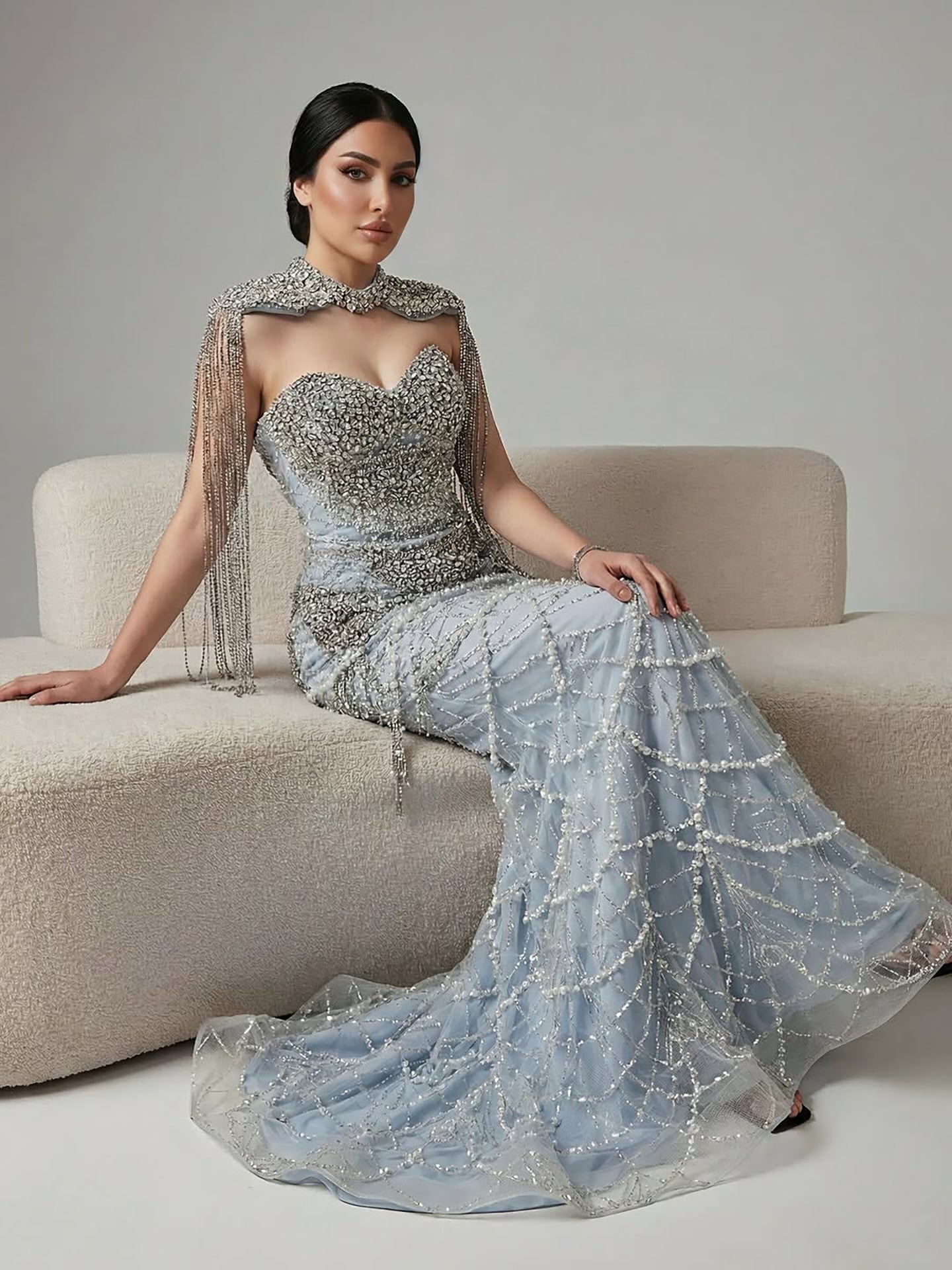 Luxury Dubai Nude Beaded Evening Dress with Tassel Short Cape LA72876