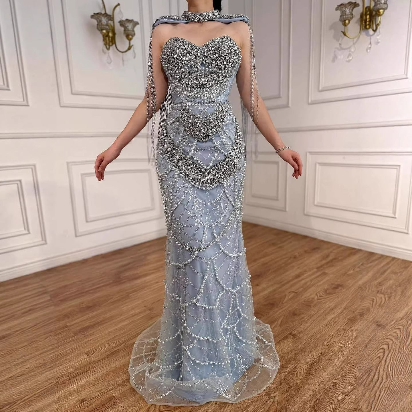 Luxury Dubai Nude Beaded Evening Dress with Tassel Short Cape LA72876