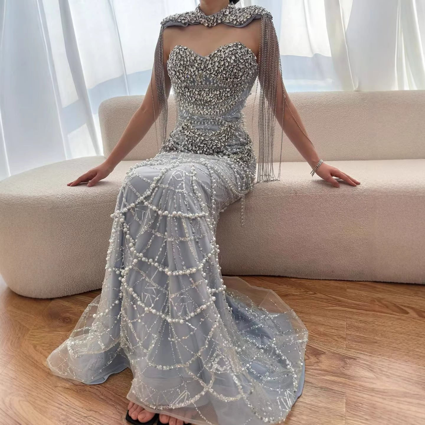 Luxury Dubai Nude Beaded Evening Dress with Tassel Short Cape LA72876