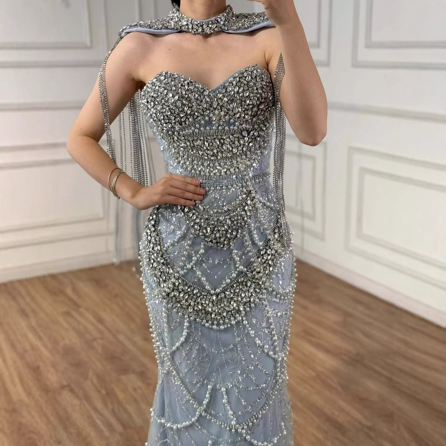 Luxury Dubai Nude Beaded Evening Dress with Tassel Short Cape LA72876