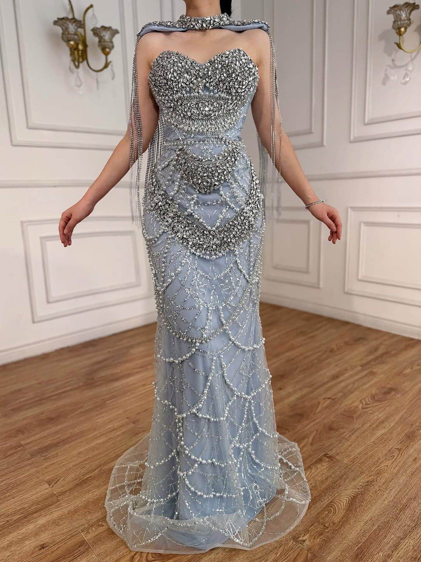 Luxury Dubai Nude Beaded Evening Dress with Tassel Short Cape LA72876