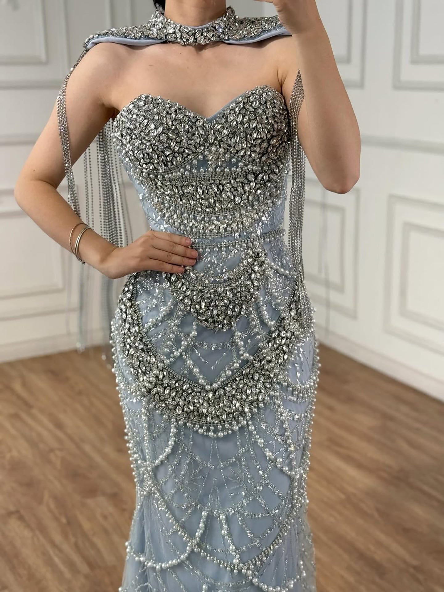 Luxury Dubai Nude Beaded Evening Dress with Tassel Short Cape LA72876