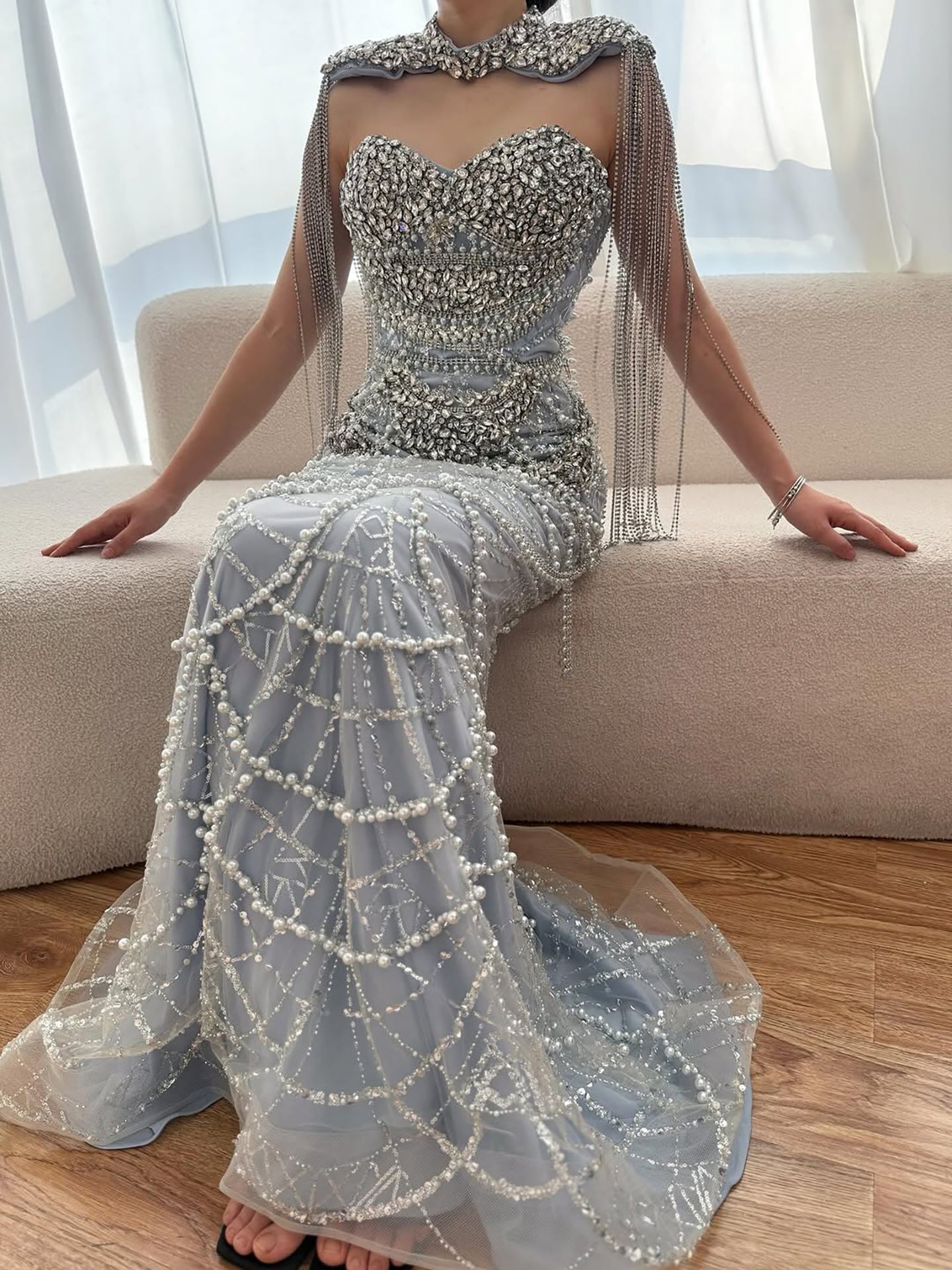 Luxury Dubai Nude Beaded Evening Dress with Tassel Short Cape LA72876