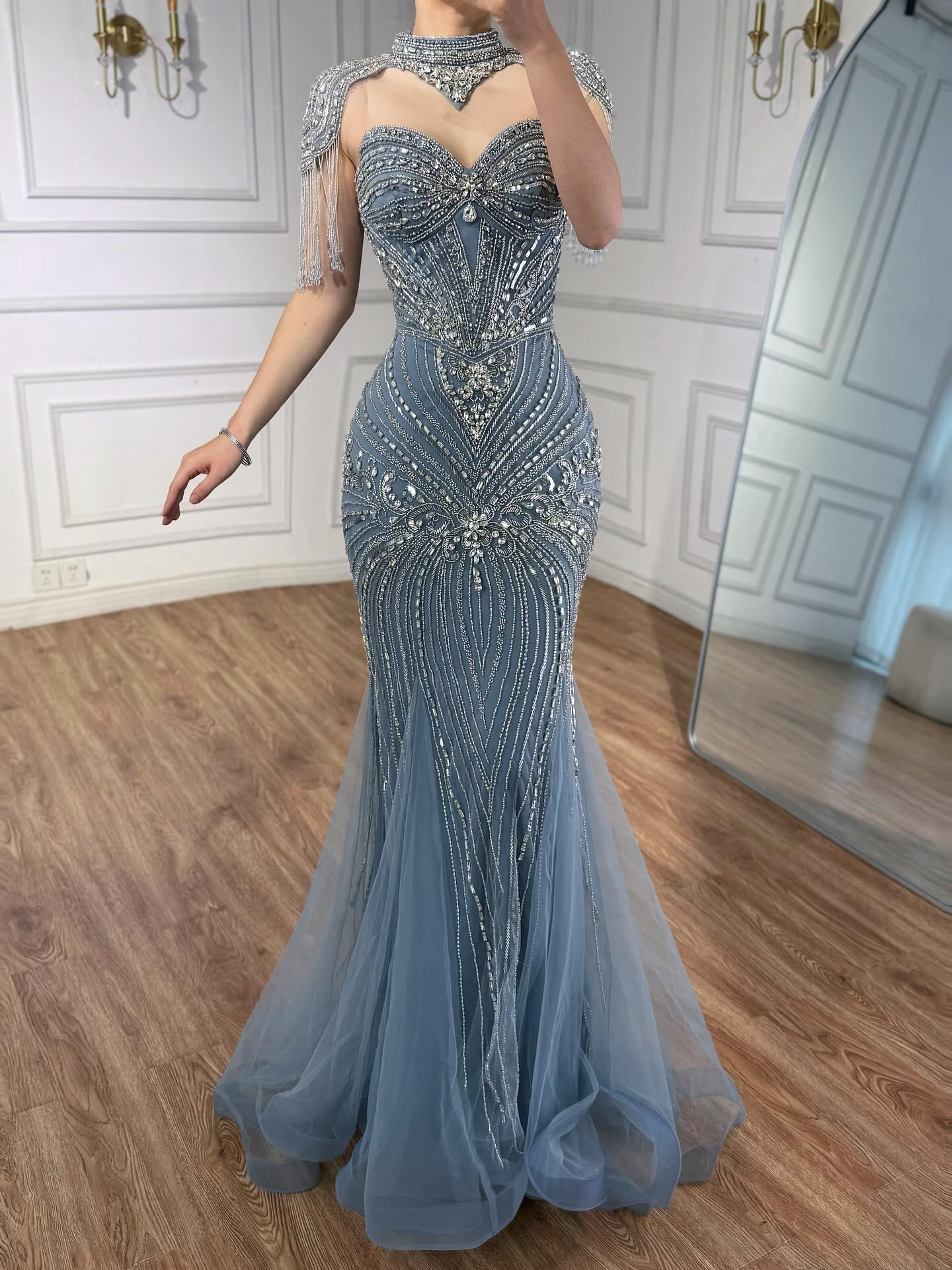 Luxury Nude Beaded High Neck Mermaid Evening Dress LA72897 - SERENE HILL