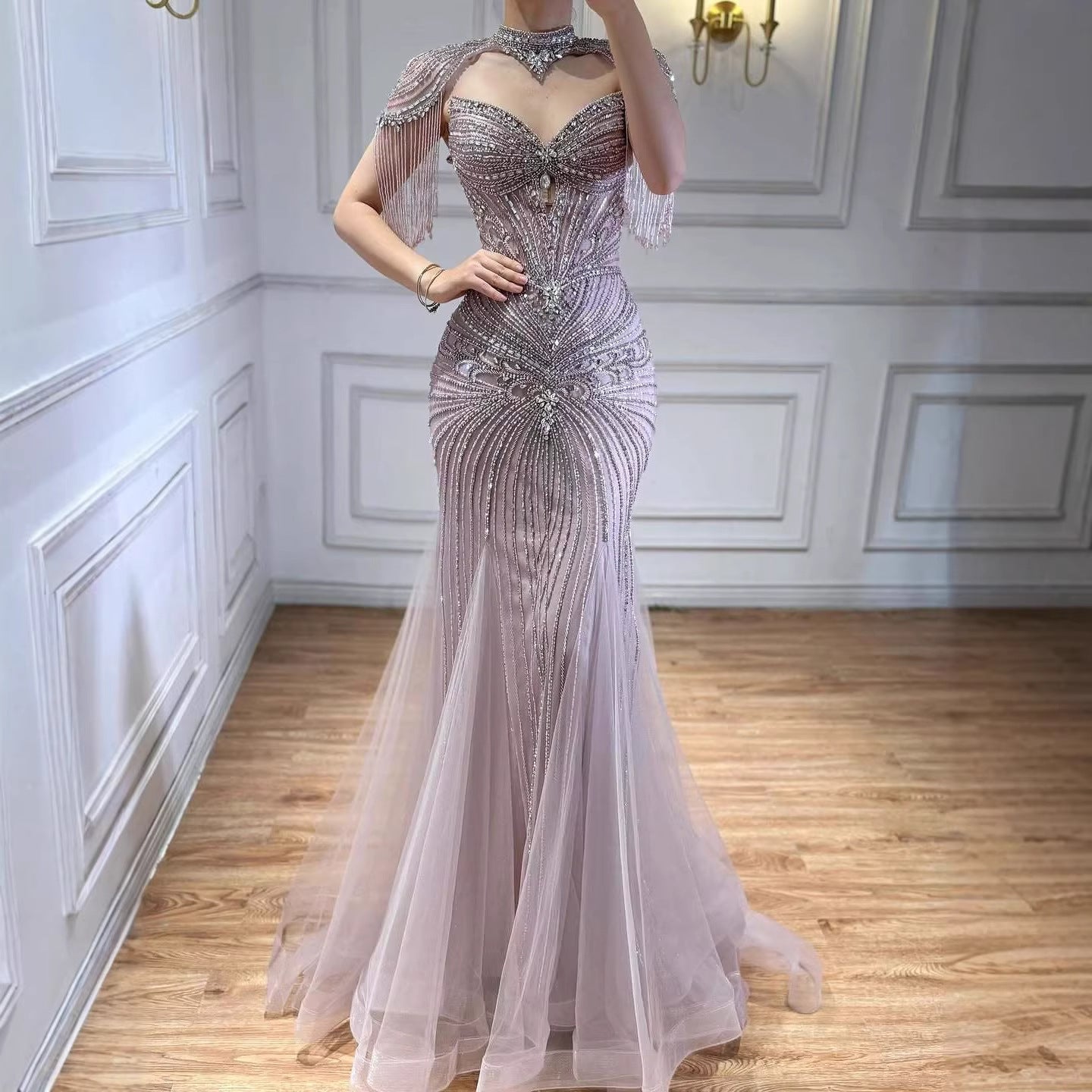 Luxury Dubai Beaded Blue Pink Evening Dress with Tassel Cape LA72897B - SERENE HILL
