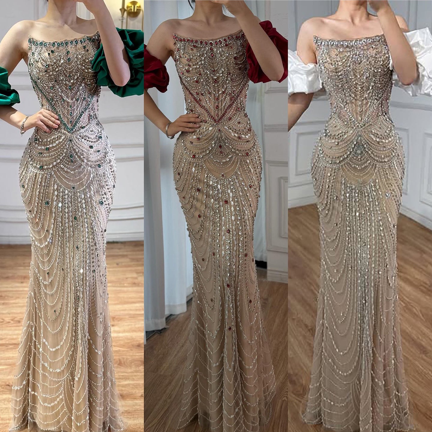 Luxury Beaded Evening Dress Puff Sleeves Pearl Adorned LA72903 - SERENE HILL