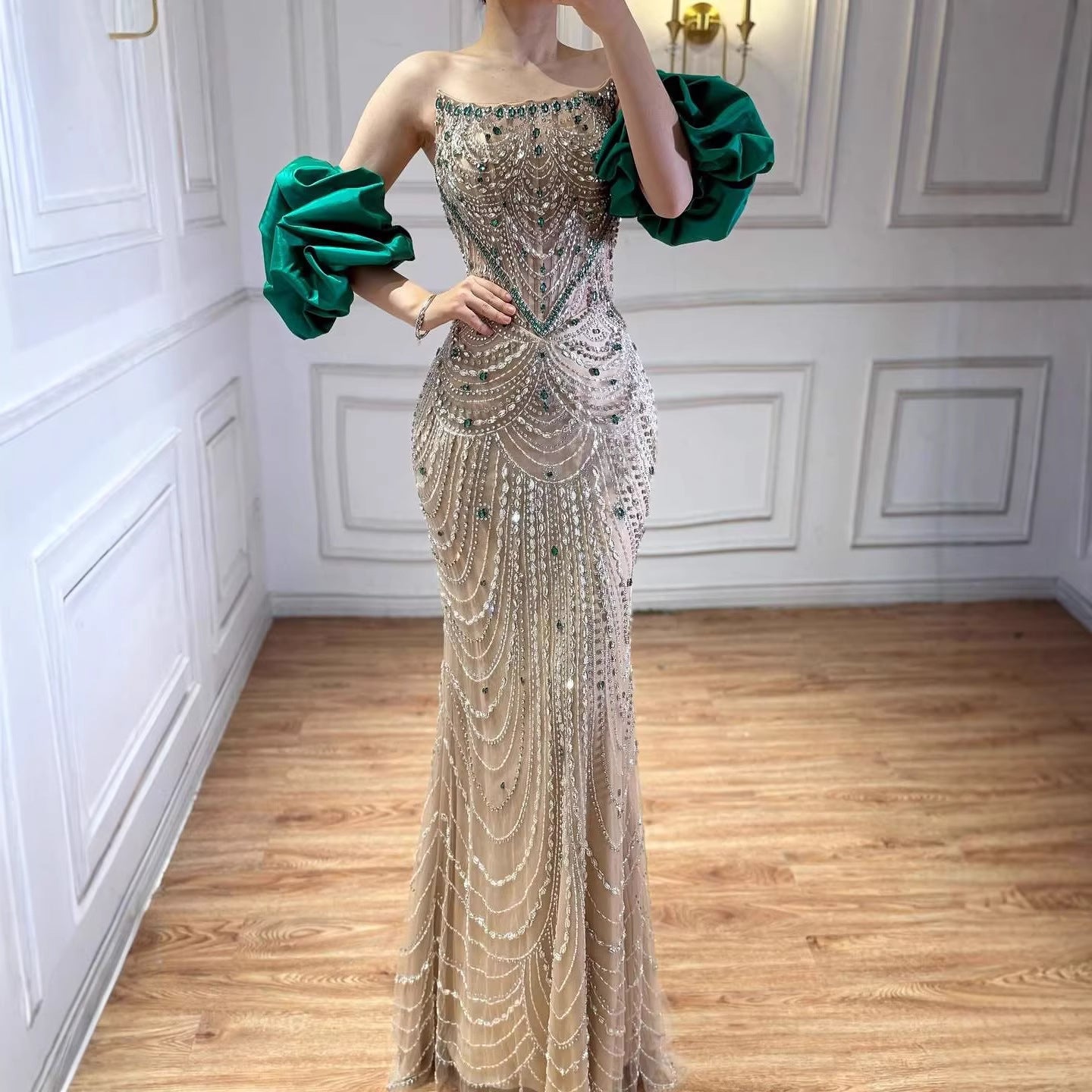 Luxury Beaded Evening Dress Puff Sleeves Pearl Adorned LA72903 - SERENE HILL