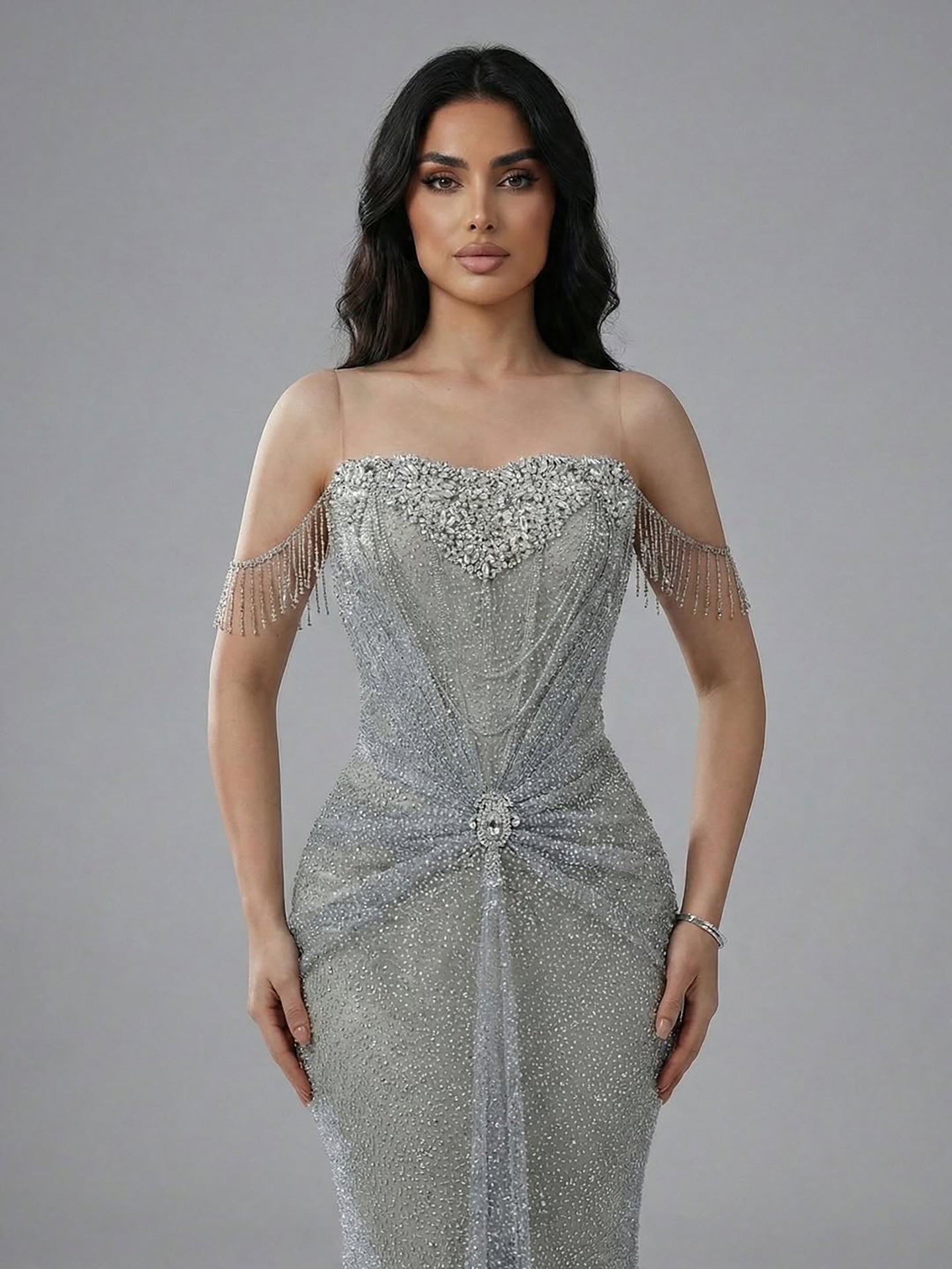 Luxury Silver Gray Beaded Crystal Strapless Evening Dress LA72905A - SERENE HILL