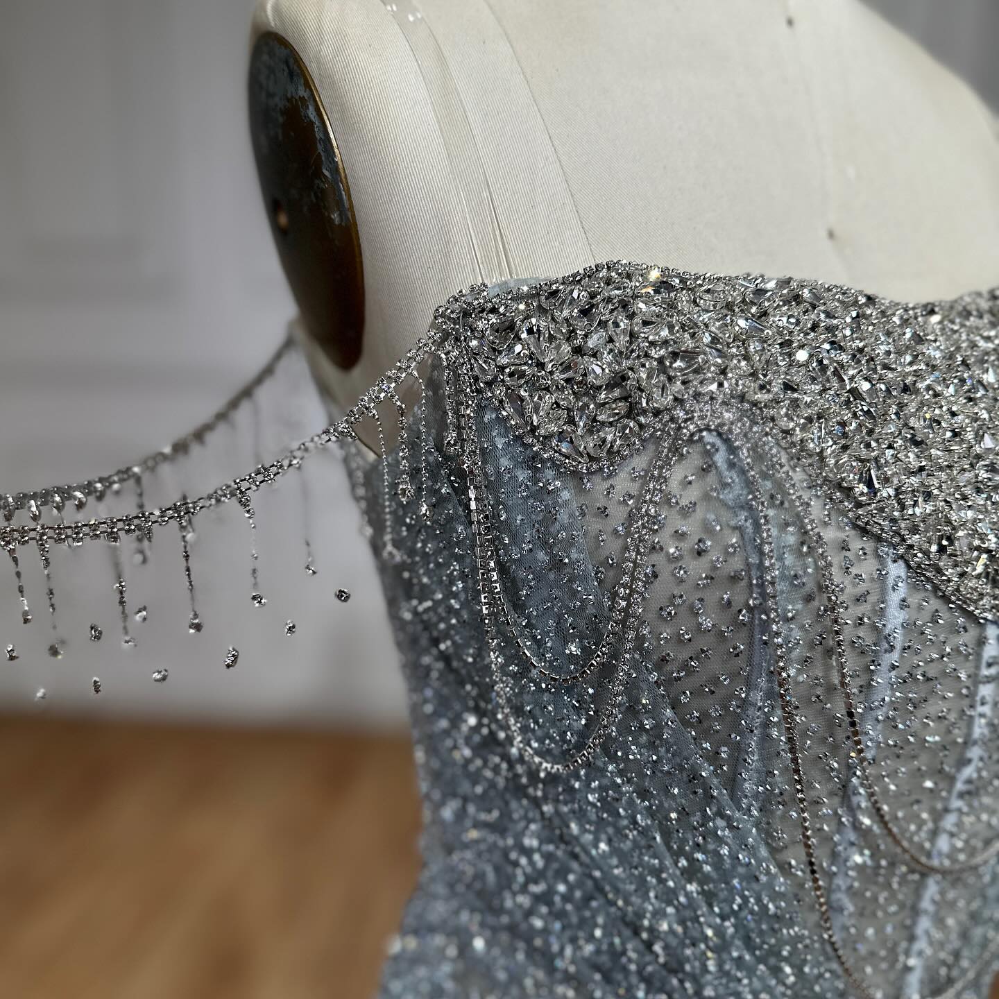 Luxury Silver Gray Beaded Crystal Strapless Evening Dress LA72905A - SERENE HILL