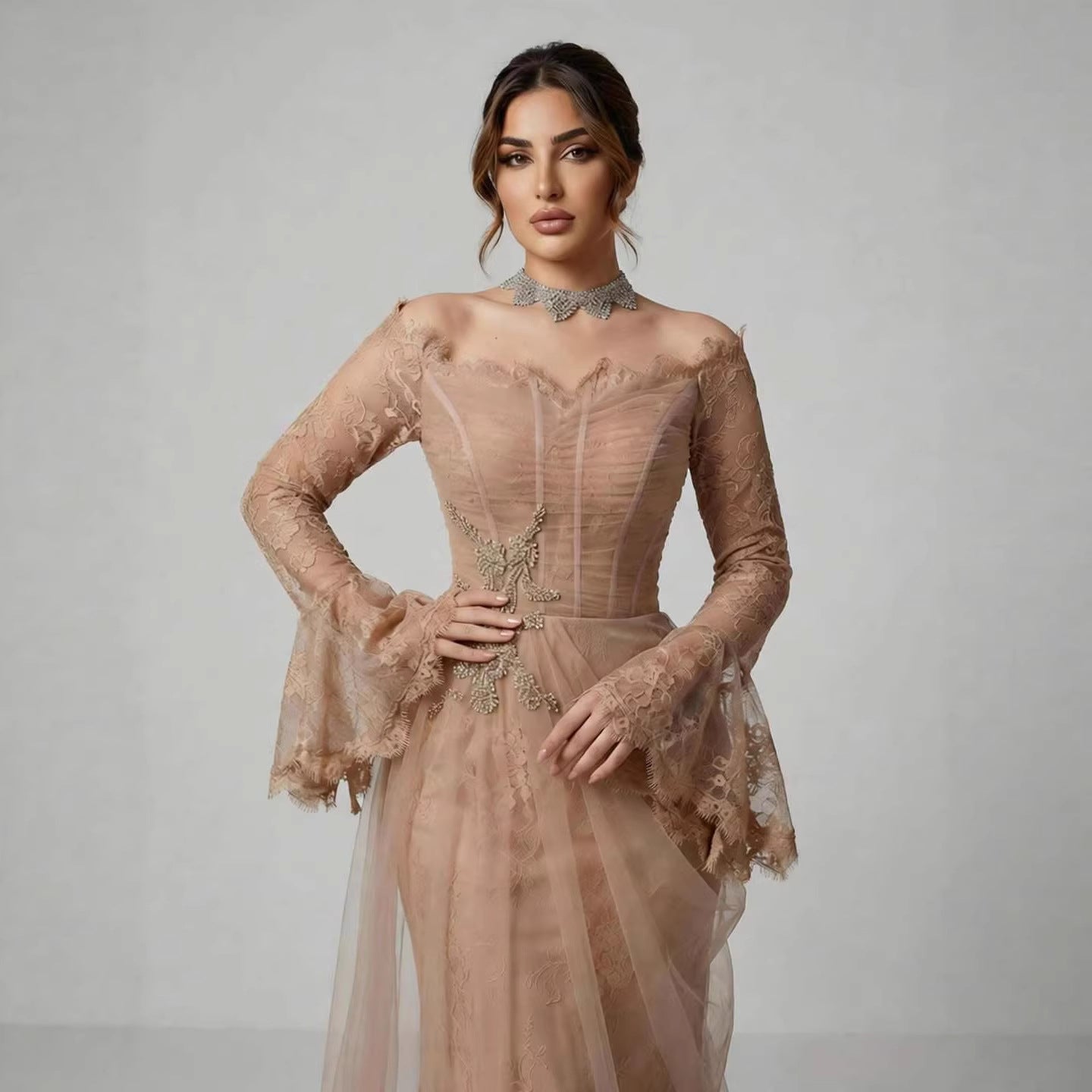Luxury Light Pink Mermaid Lace Beaded Evening Dress LA72910 - SERENE HILL