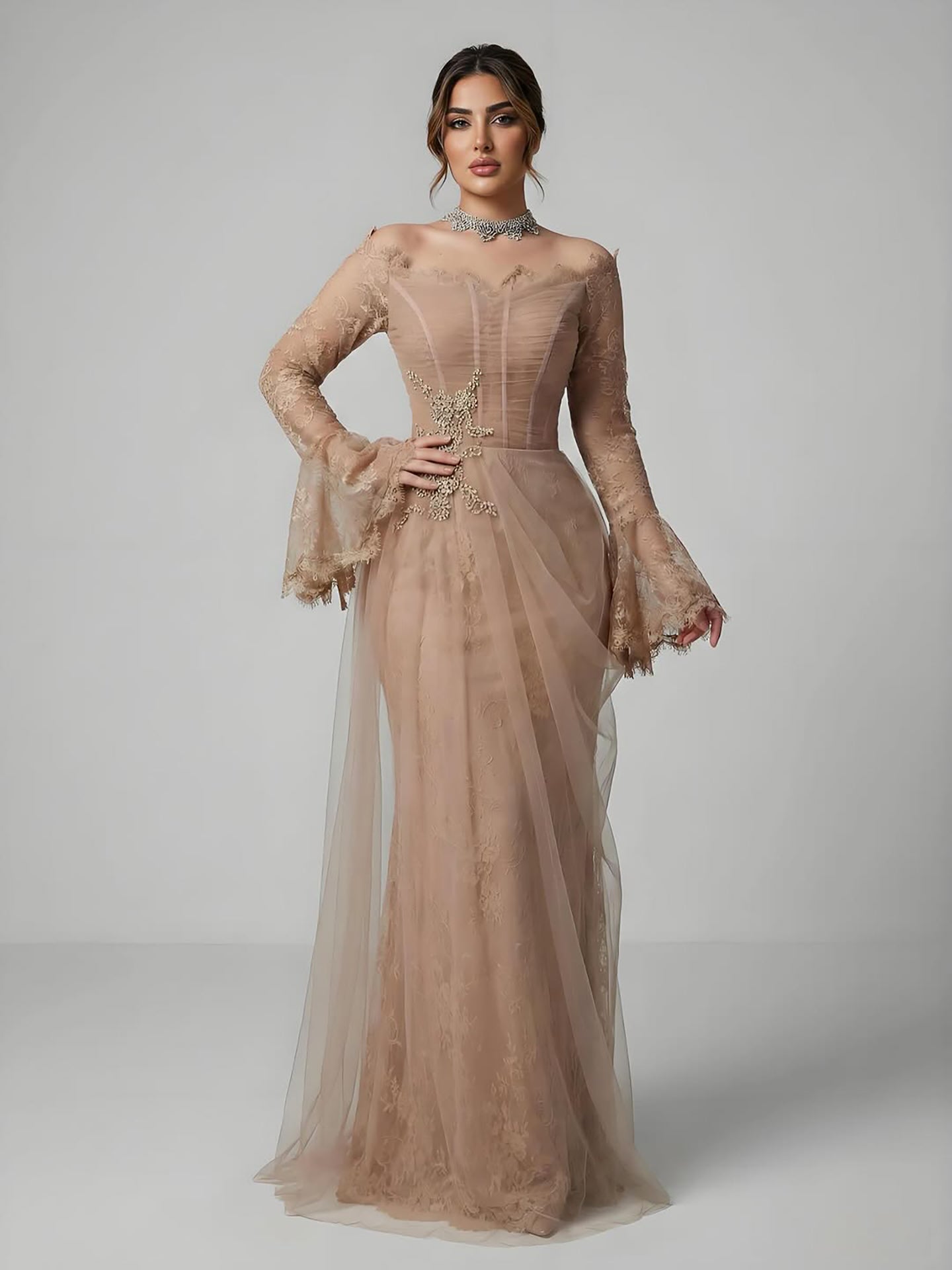Luxury Light Pink Mermaid Lace Beaded Evening Dress LA72910 - SERENE HILL