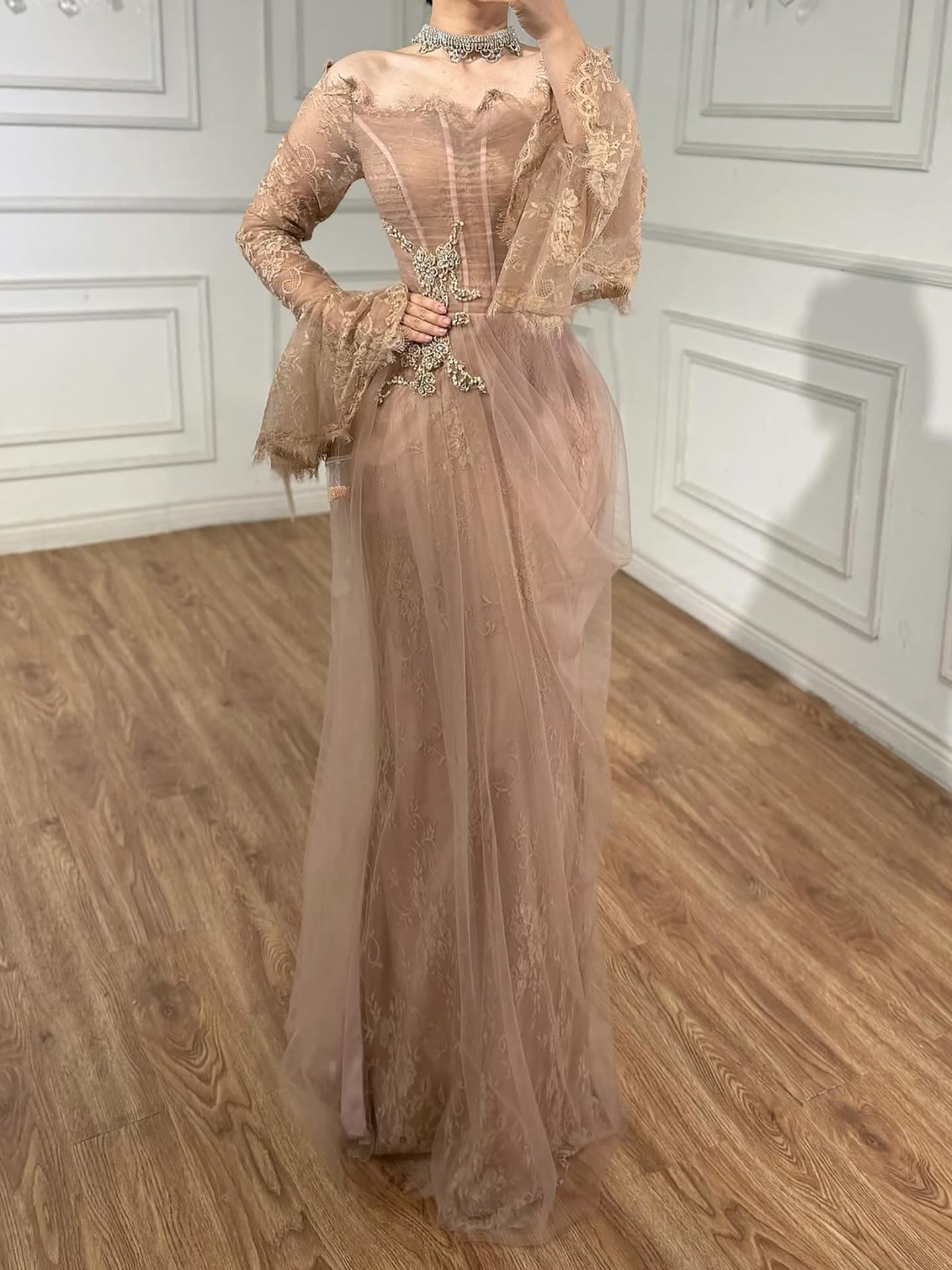 Luxury Light Pink Mermaid Lace Beaded Evening Dress LA72910 - SERENE HILL