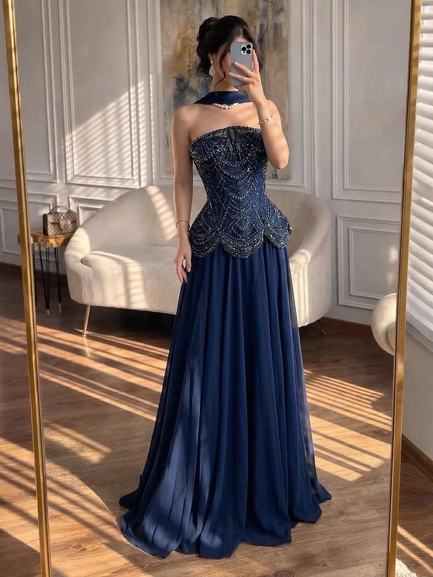 Luxury Designer Nude Beaded Chiffon Evening Dress LA72915 - SERENE HILL