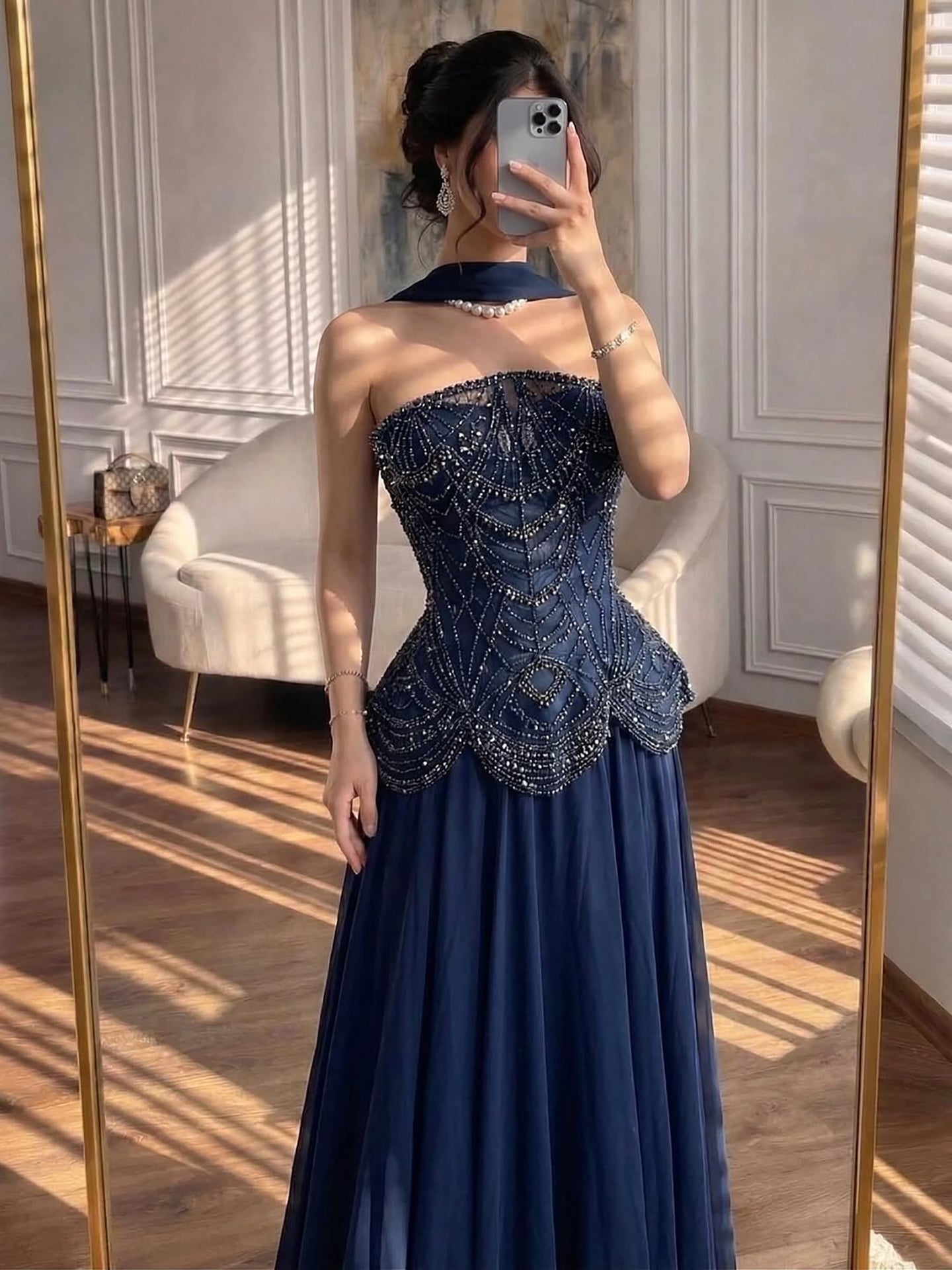 Luxury Designer Nude Beaded Chiffon Evening Dress LA72915 - SERENE HILL