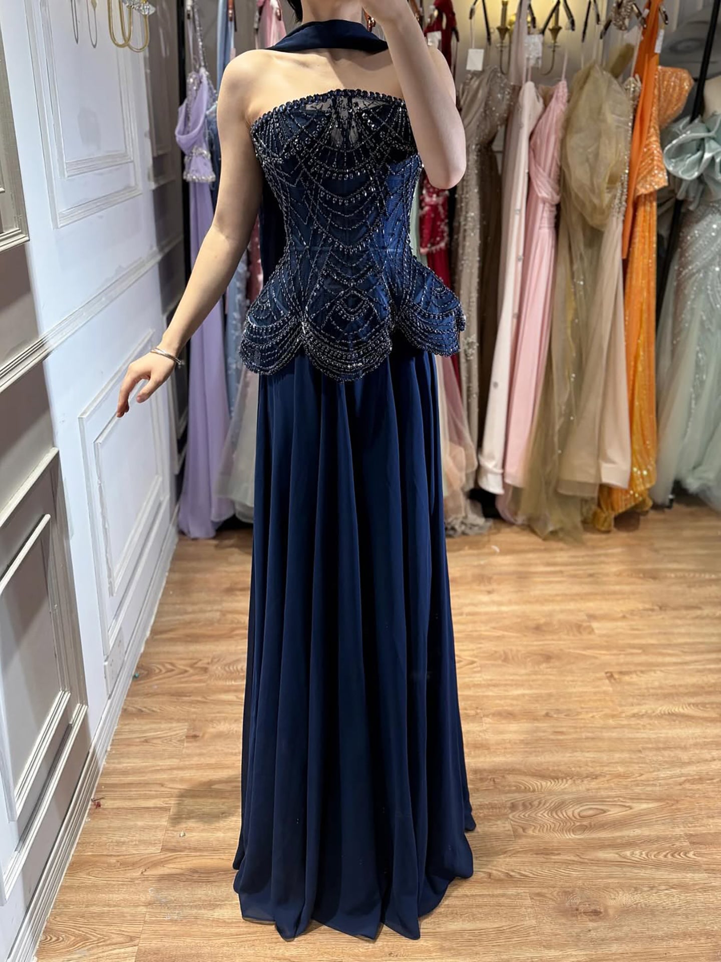 Luxury Designer Nude Beaded Chiffon Evening Dress LA72915 - SERENE HILL