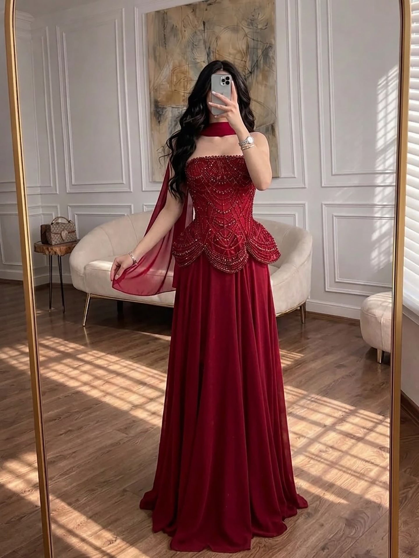 Luxury Designer Nude Beaded Chiffon Evening Dress LA72915