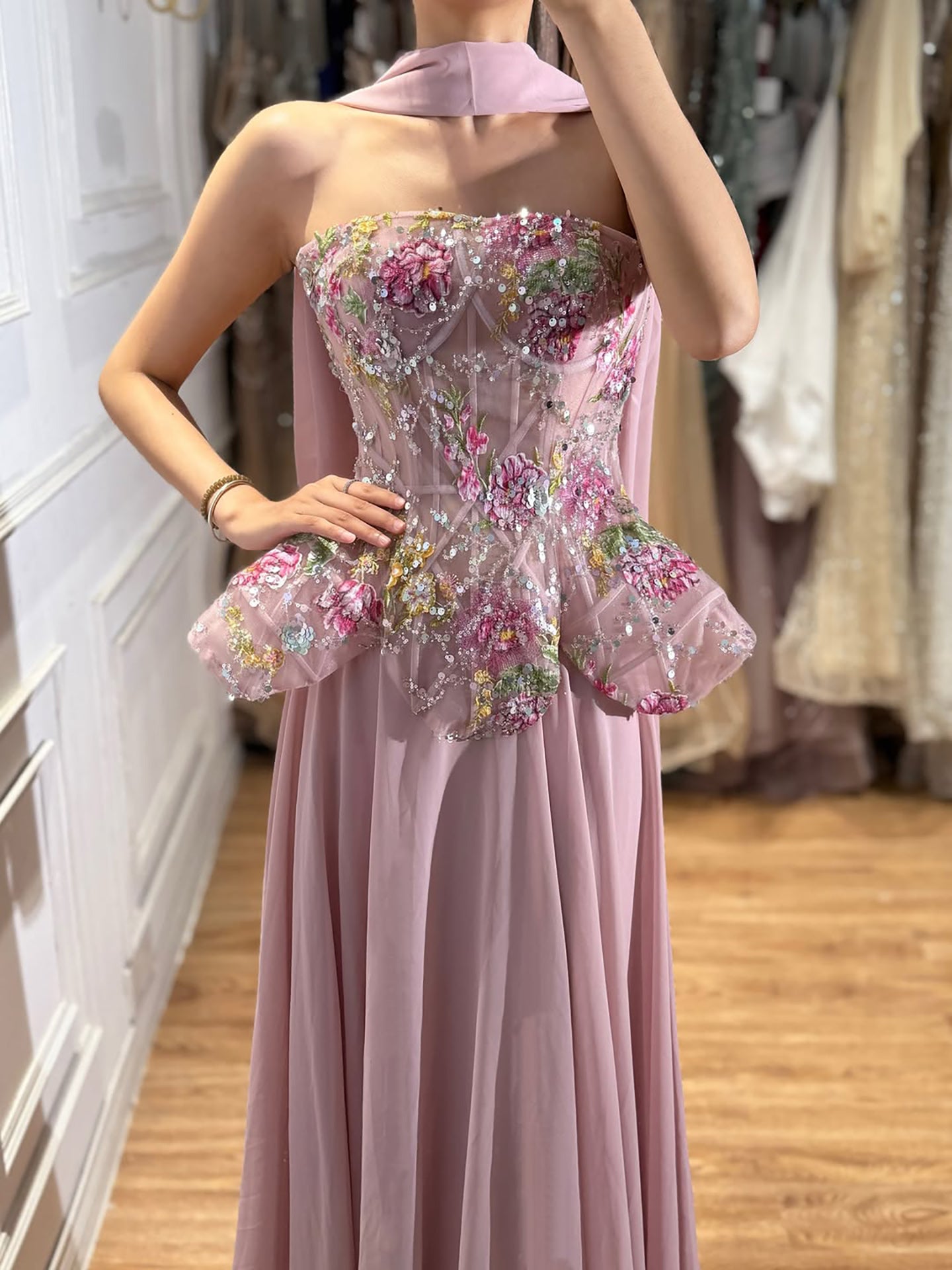 Luxury Pink Strapless Floral Beaded Peplum Evening Dress LA72915A SERENE HILL