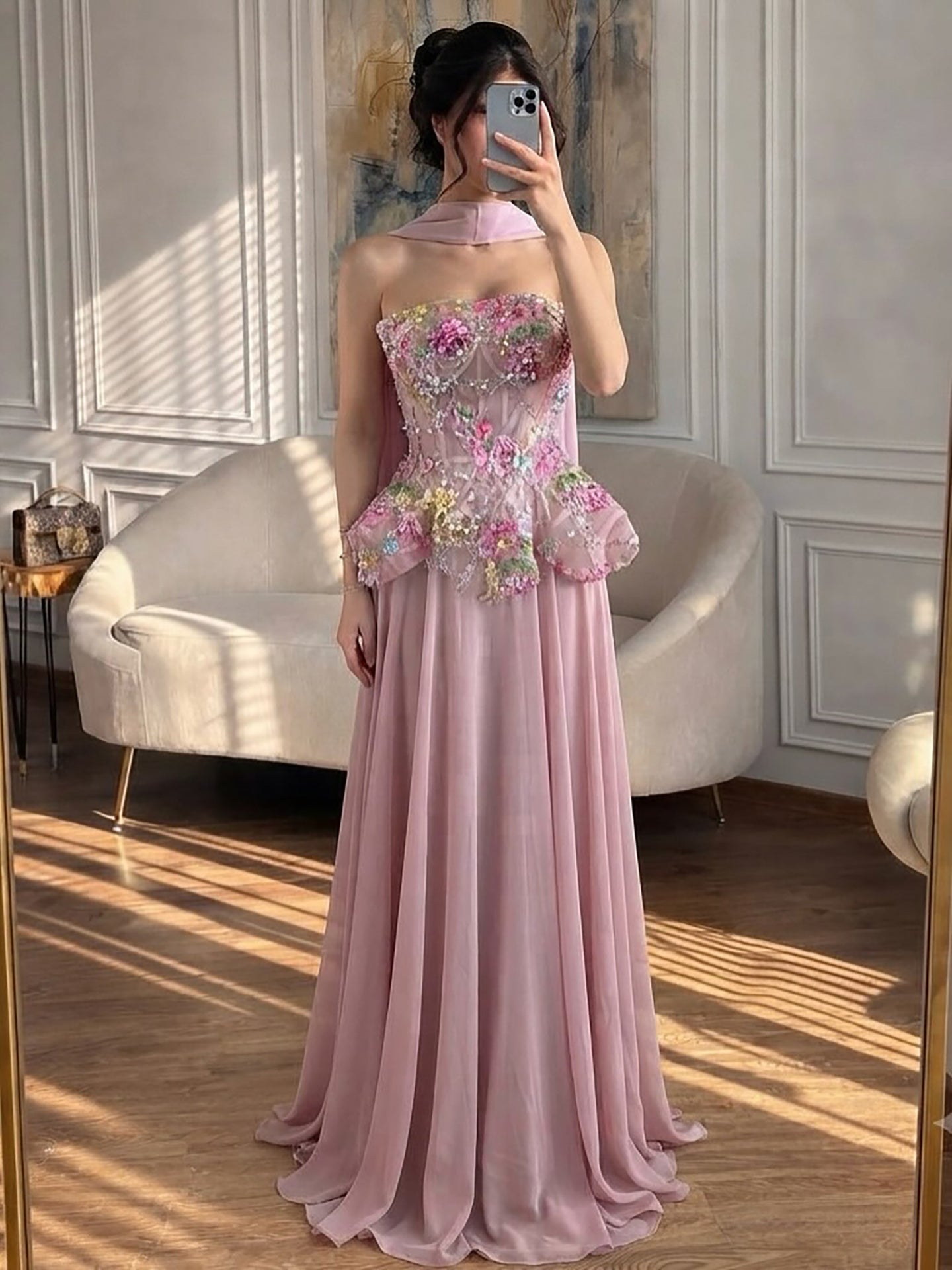 Luxury Pink Strapless Floral Beaded Peplum Evening Dress LA72915A SERENE HILL