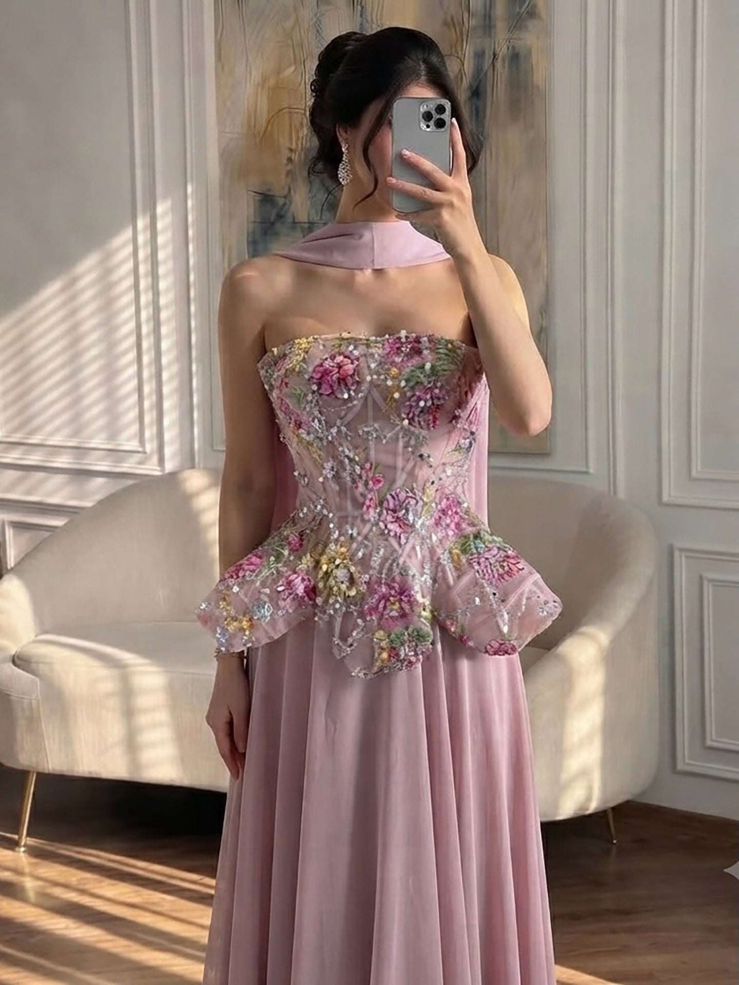 Luxury Pink Strapless Floral Beaded Peplum Evening Dress LA72915A SERENE HILL
