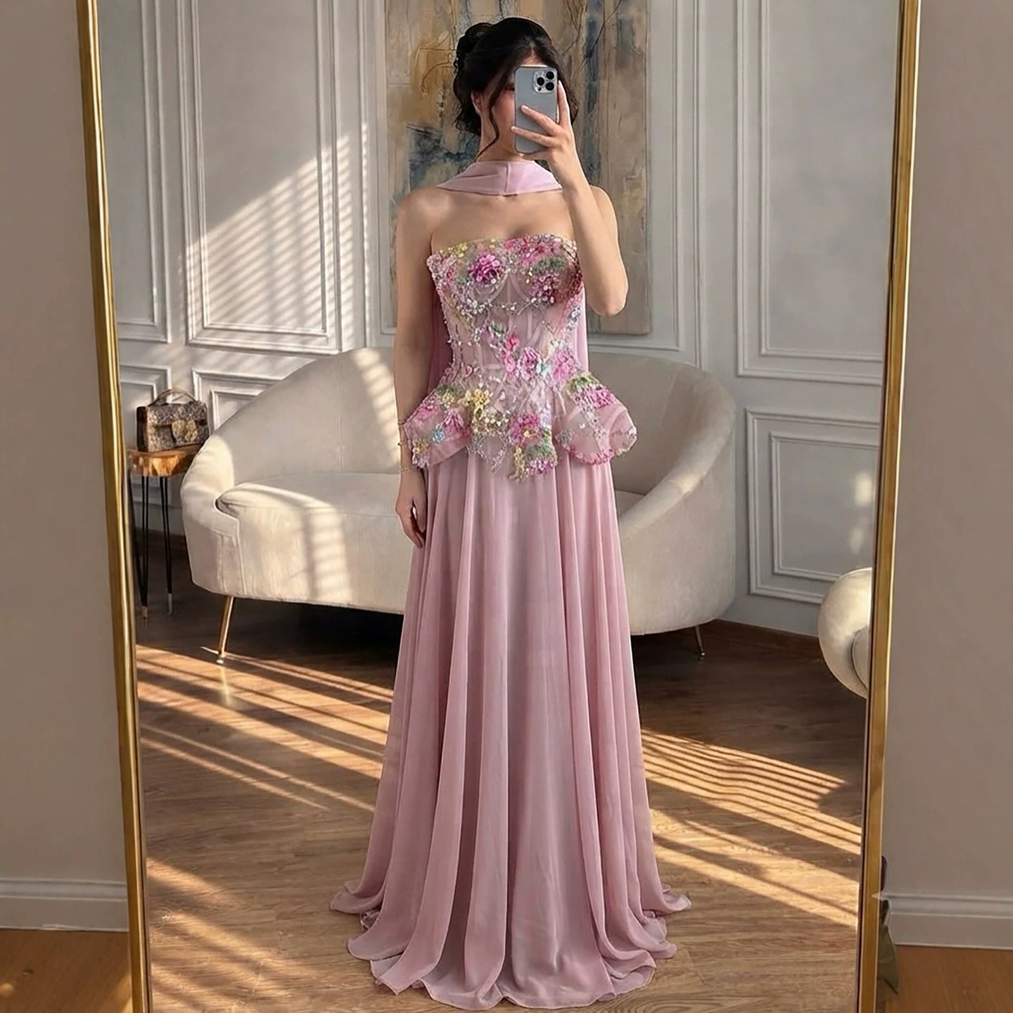 Luxury Pink Strapless Floral Beaded Peplum Evening Dress LA72915A Pink / 8