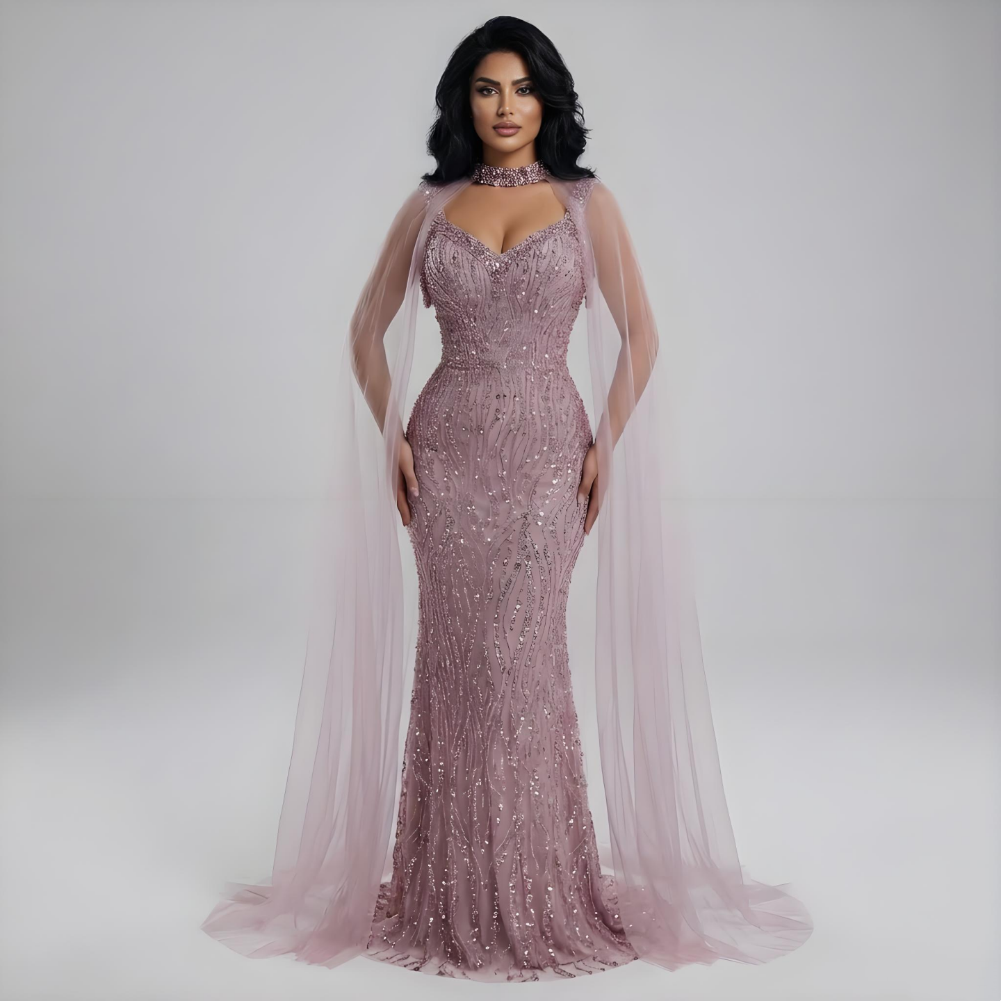 Pink Mermaid Luxury Beaded Evening Gown with Cape Sleeves LA72921 - SERENE HILL