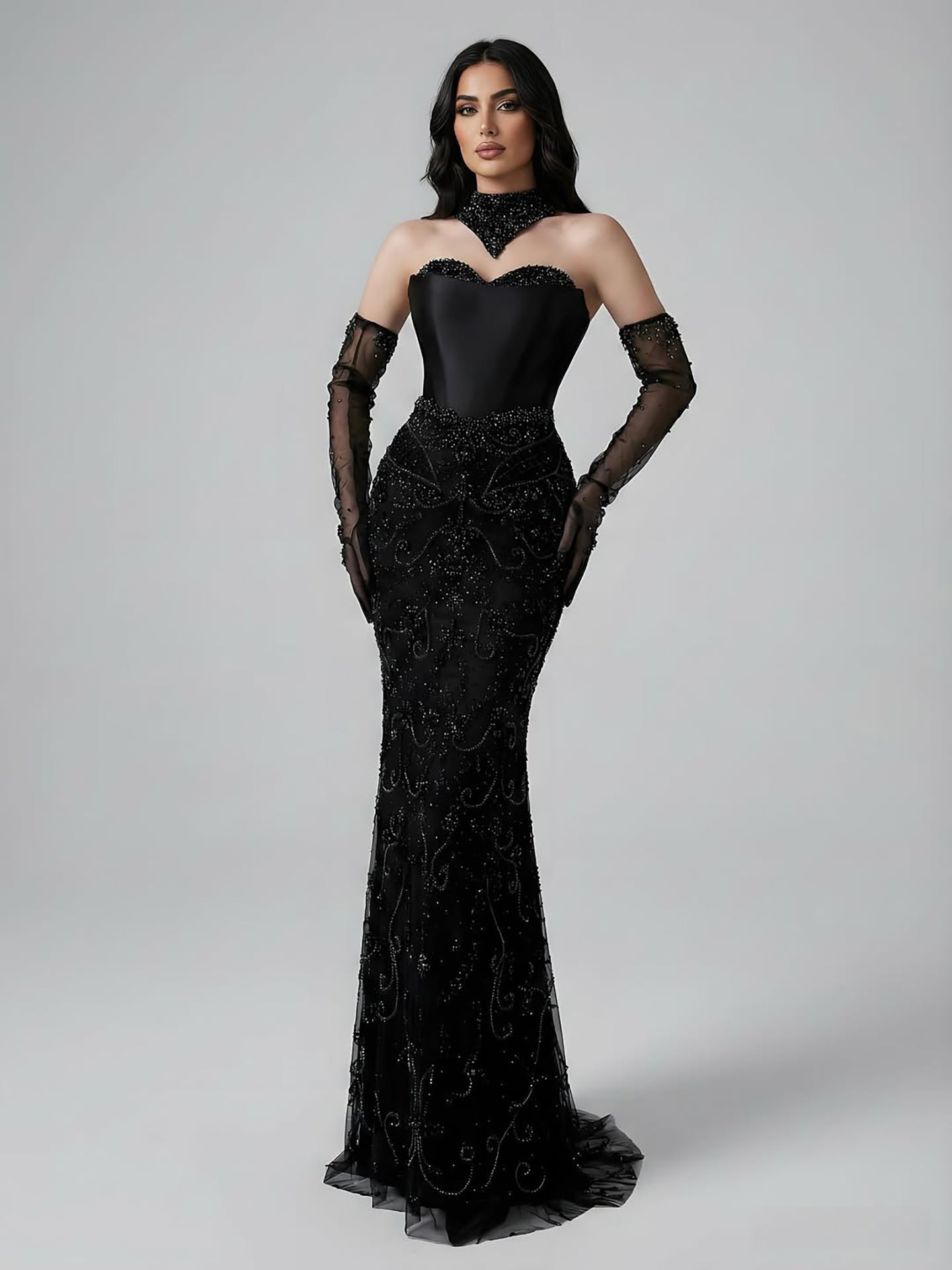 Luxury Beaded Evening Dress Sheer Long Gloves LA72929 - SERENE HILL