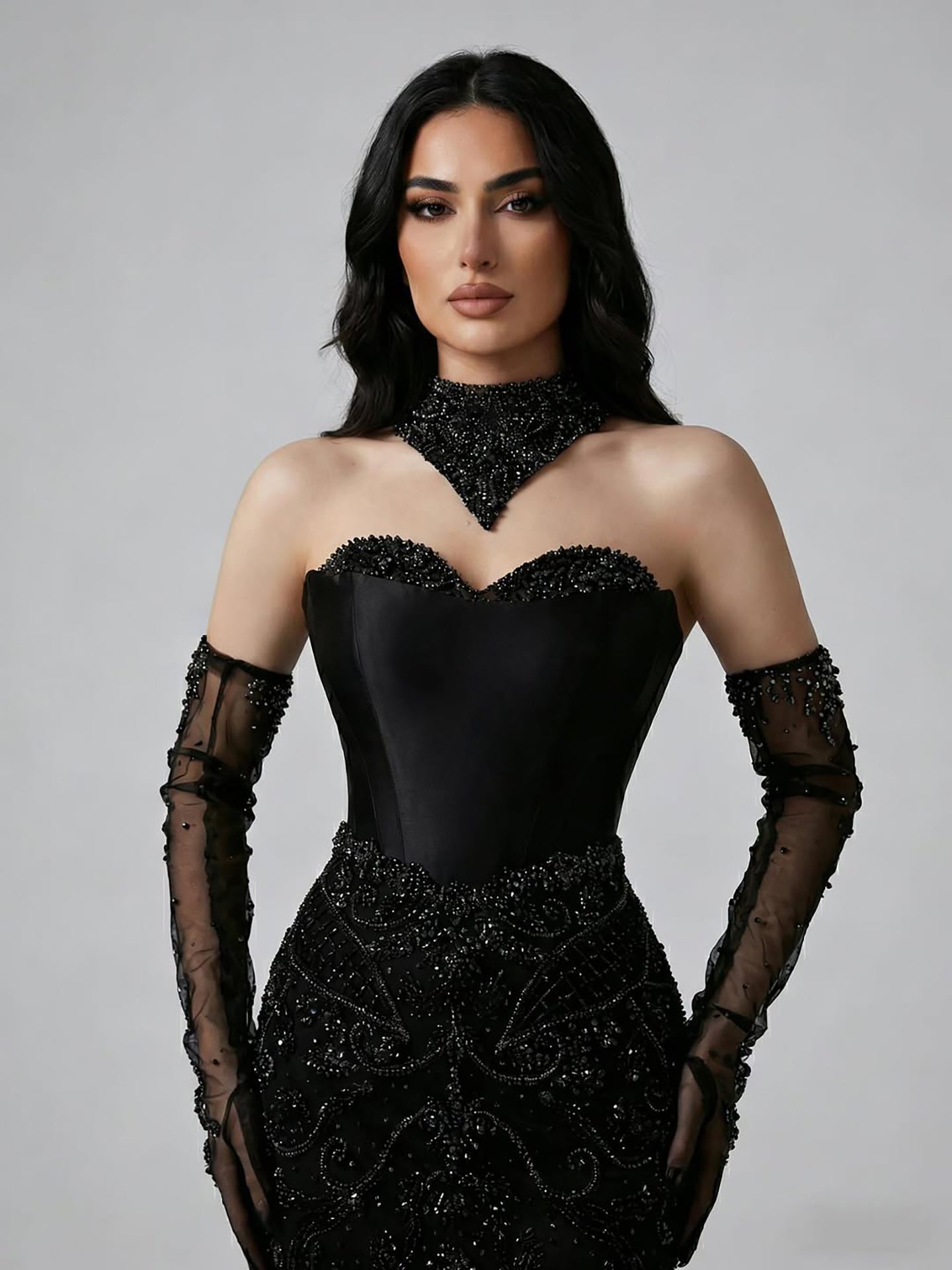 Luxury Beaded Evening Dress Sheer Long Gloves LA72929 - SERENE HILL