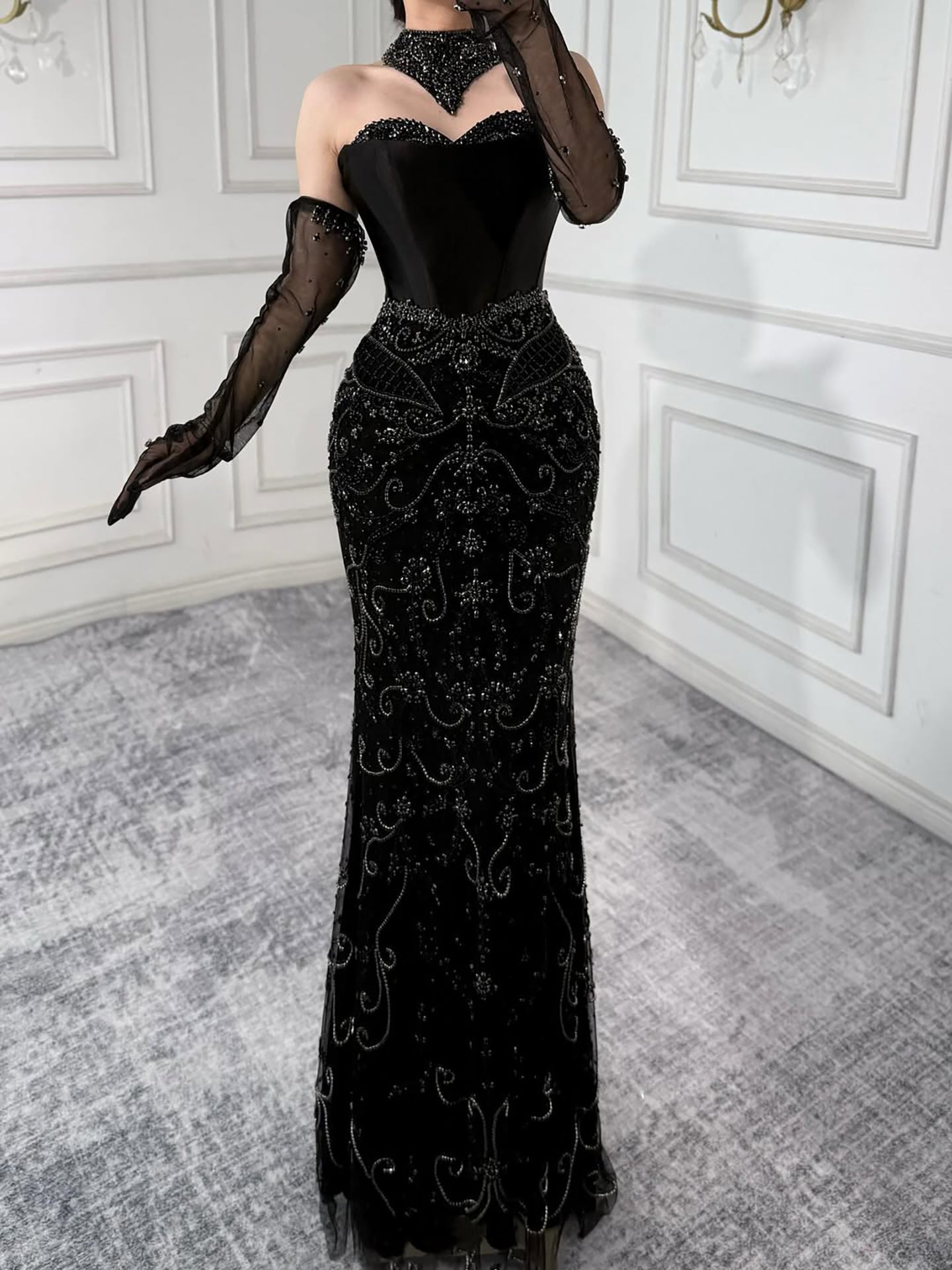 Luxury Beaded Evening Dress Sheer Long Gloves LA72929 - SERENE HILL