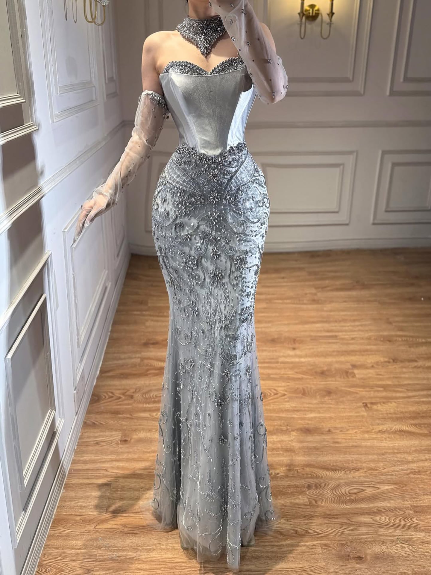 Luxury Beaded Evening Dress Sheer Long Gloves LA72929