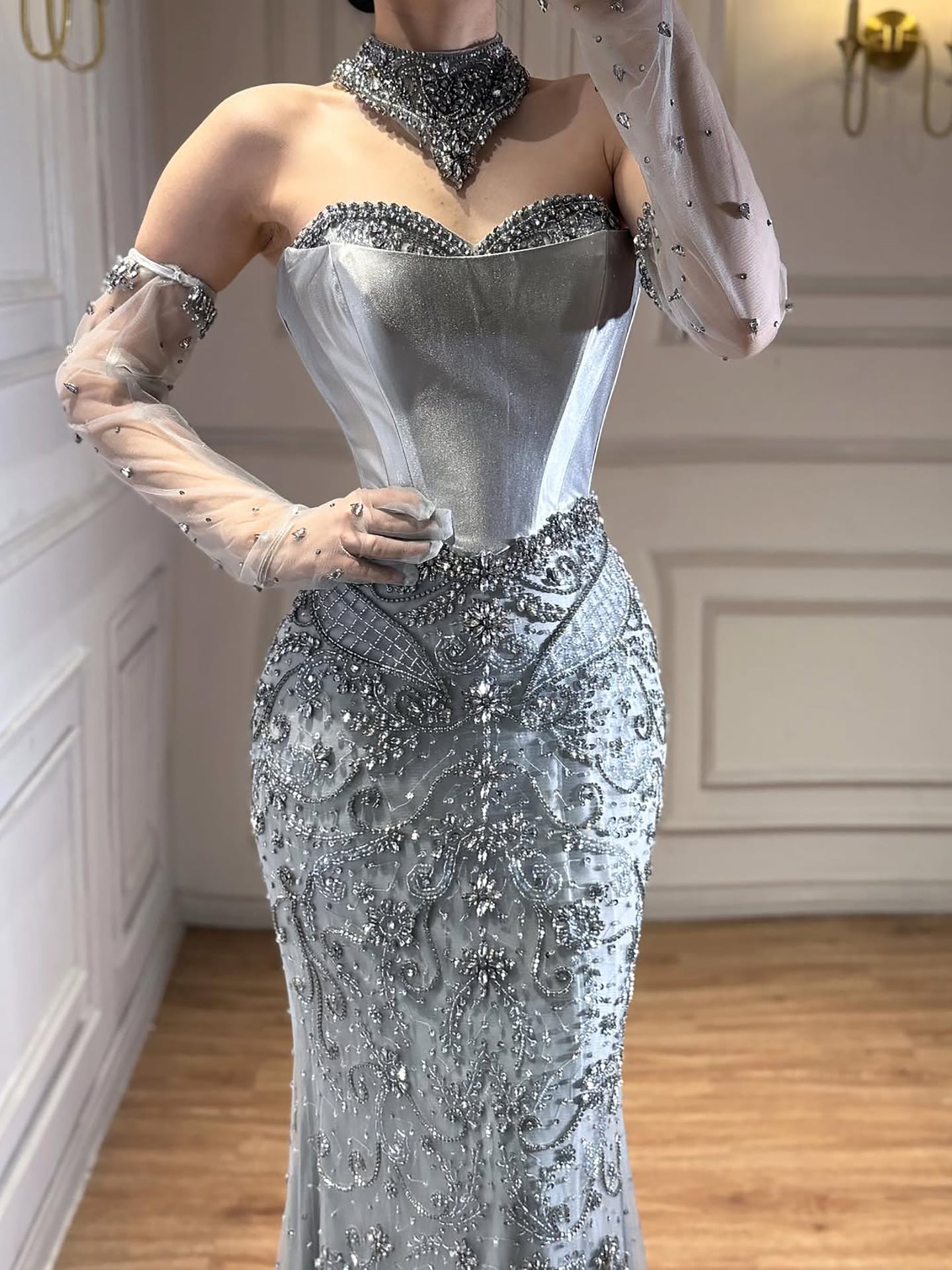 Luxury Beaded Evening Dress Sheer Long Gloves LA72929