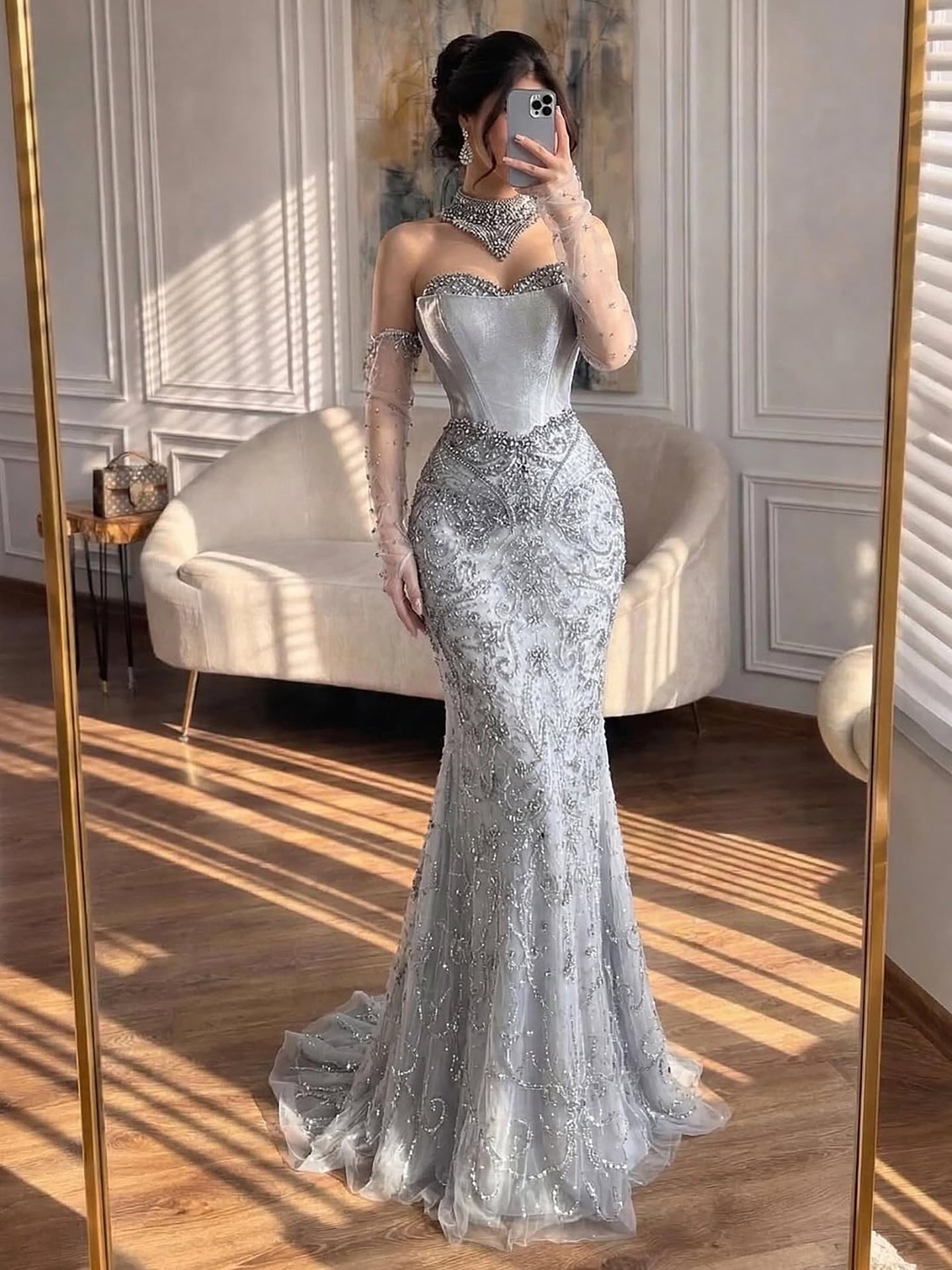 Luxury Beaded Evening Dress Sheer Long Gloves LA72929
