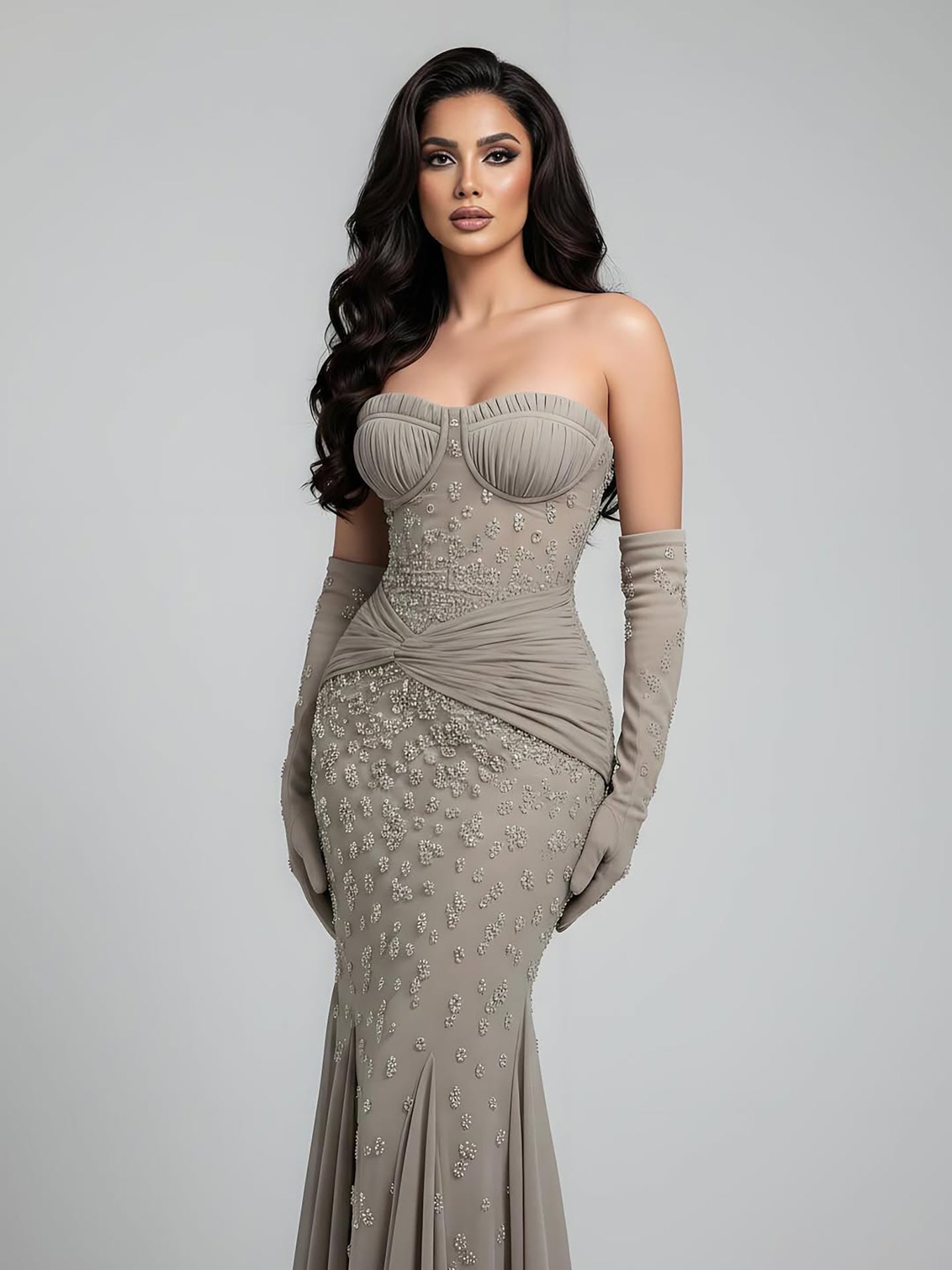 Luxury Turquoise Beaded Evening Dress with Gloves LA72933 - SERENE HILL