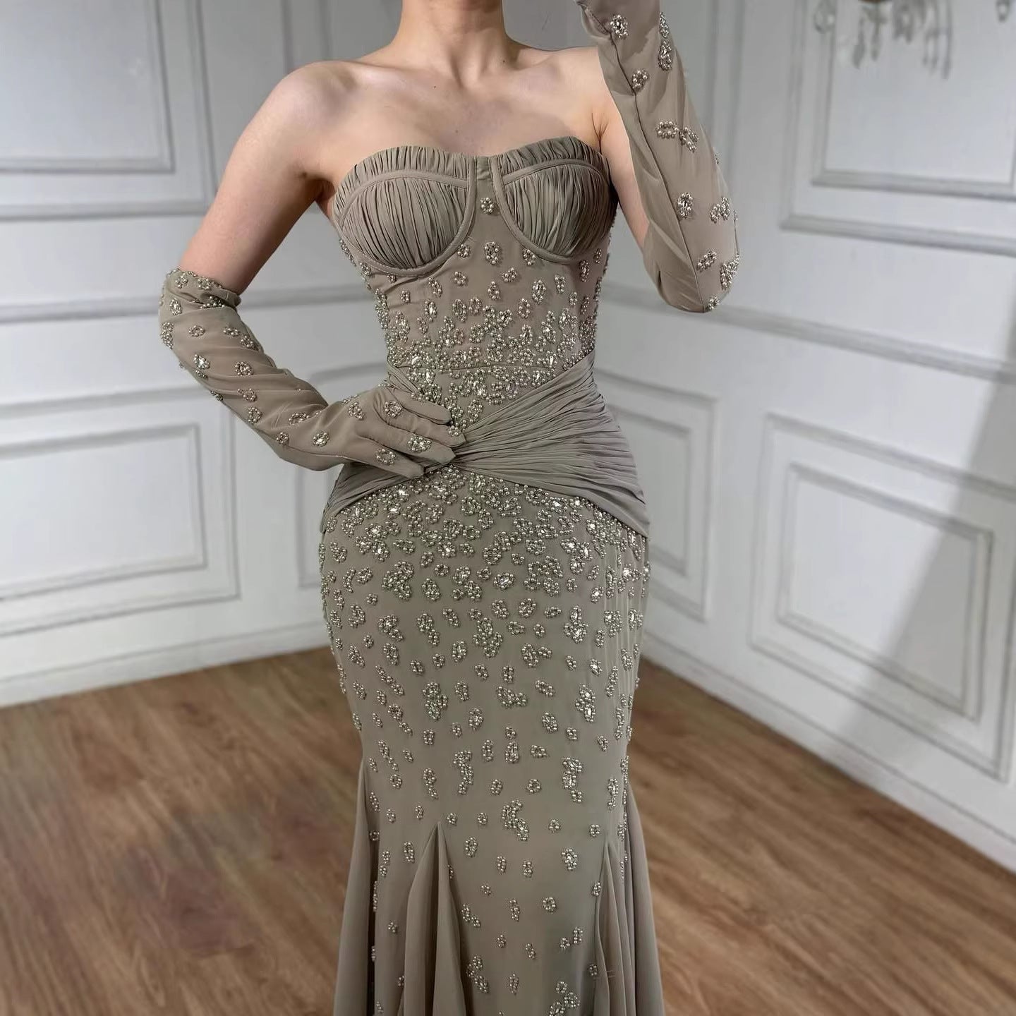 Luxury Turquoise Beaded Evening Dress with Gloves LA72933 - SERENE HILL