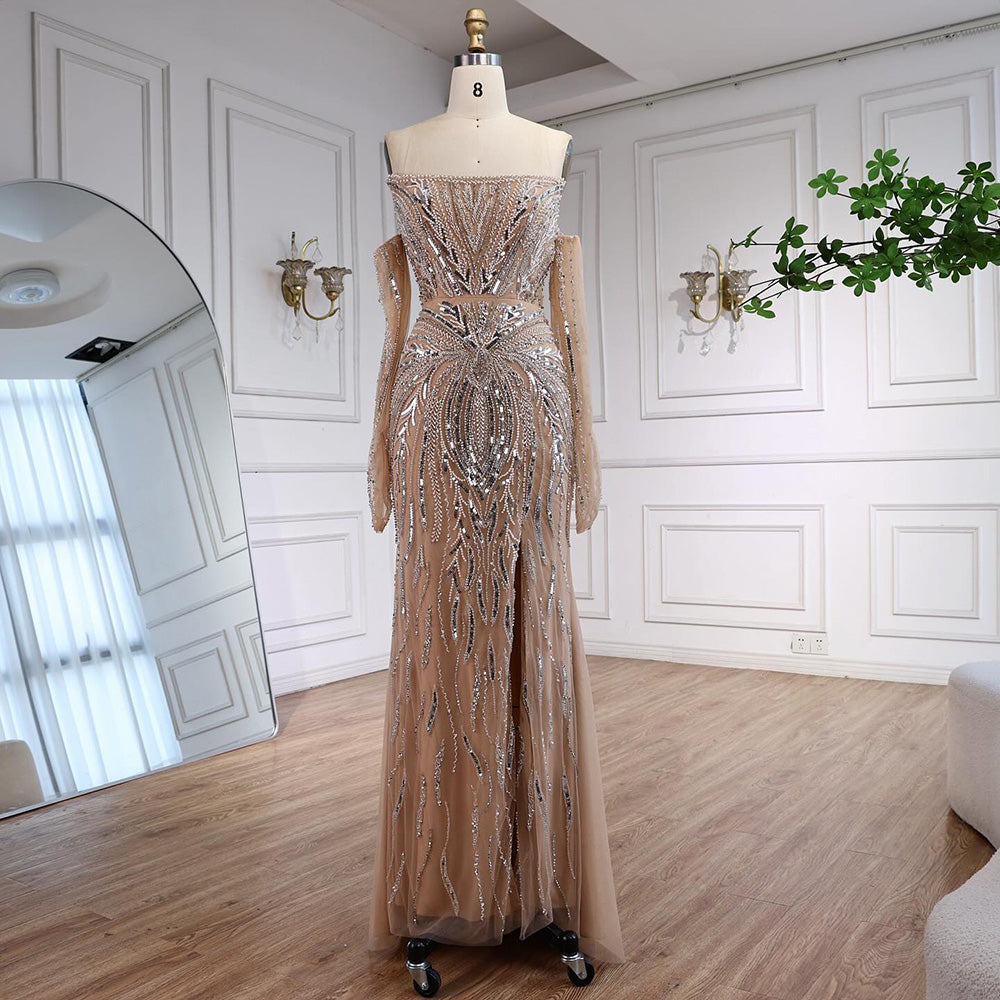 Luxury Wine Red Beaded Evening Dress Gown with Gloves and Overskirt LA72935 SERENE HILL
