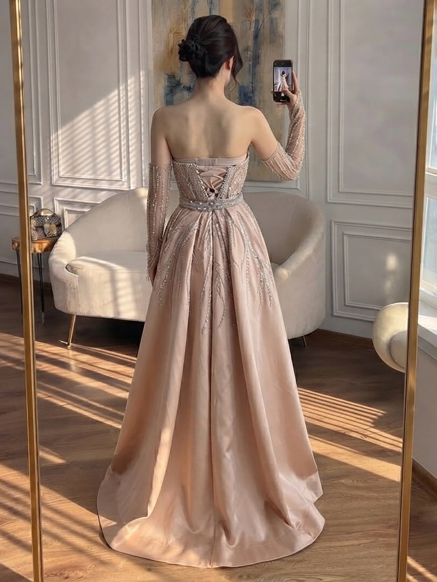 Luxury Wine Red Beaded Evening Dress Gown with Gloves and Overskirt LA72935 SERENE HILL