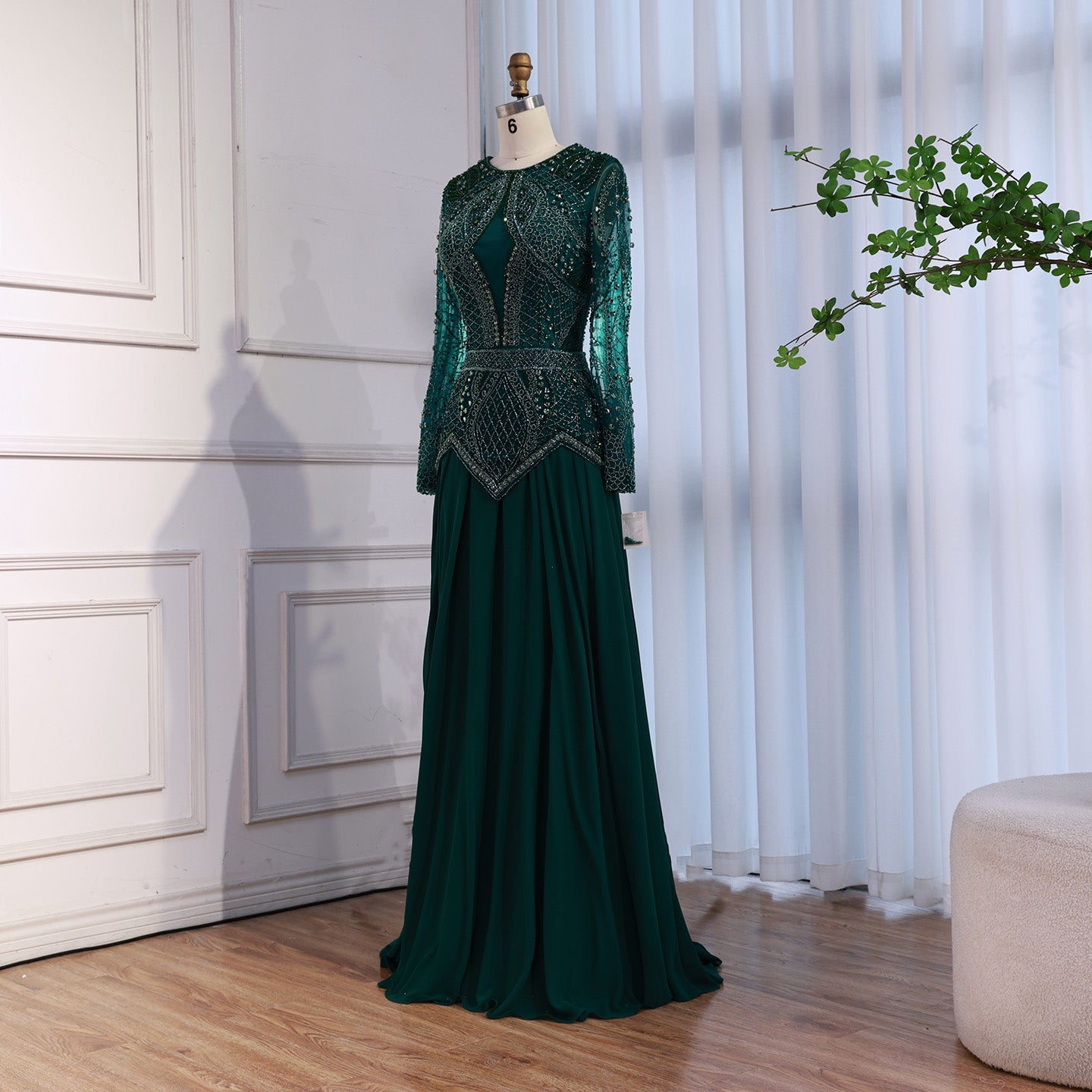 Luxury Modest Designer Blue Beaded Evening Dress with Long Sleeves LA72962 - SERENE HILL