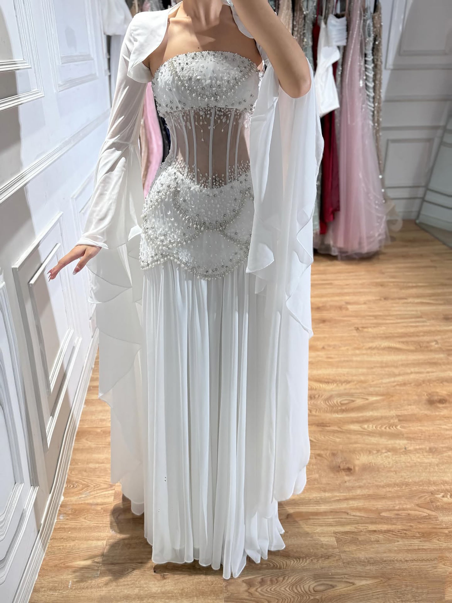 Luxury Blue Evening Dress with Pearls Tassels and Flowing Coat LA72978A SERENE HILL