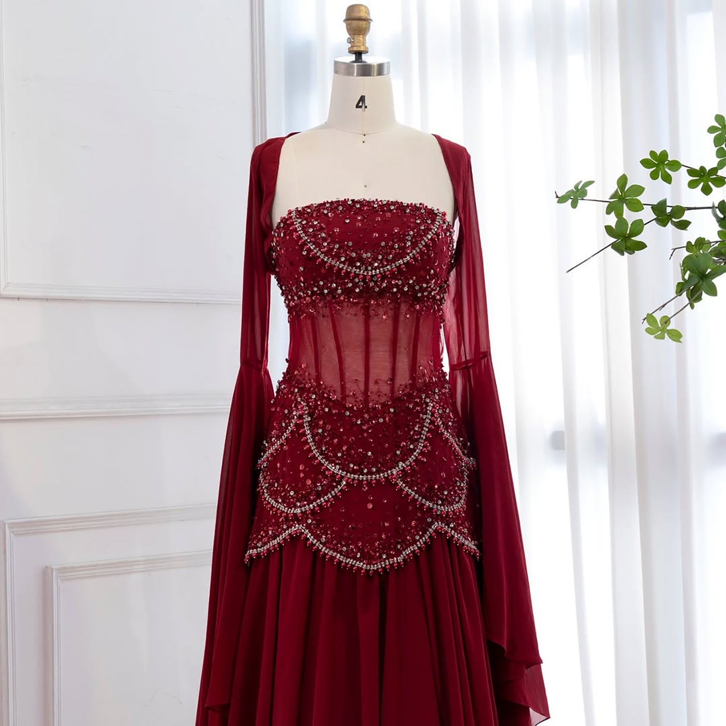 Luxury Blue Evening Dress with Pearls Tassels and Flowing Coat LA72978A - SERENE HILL