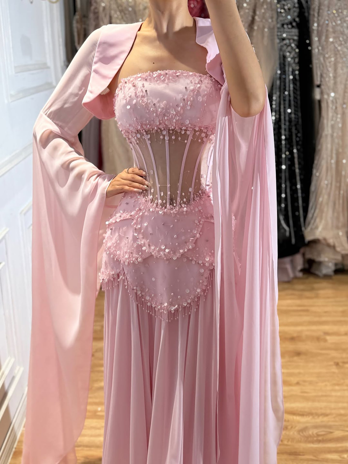 Luxury Pink Beaded A Line Dress with Chiffon Cape Sleeves LA72978B SERENE HILL