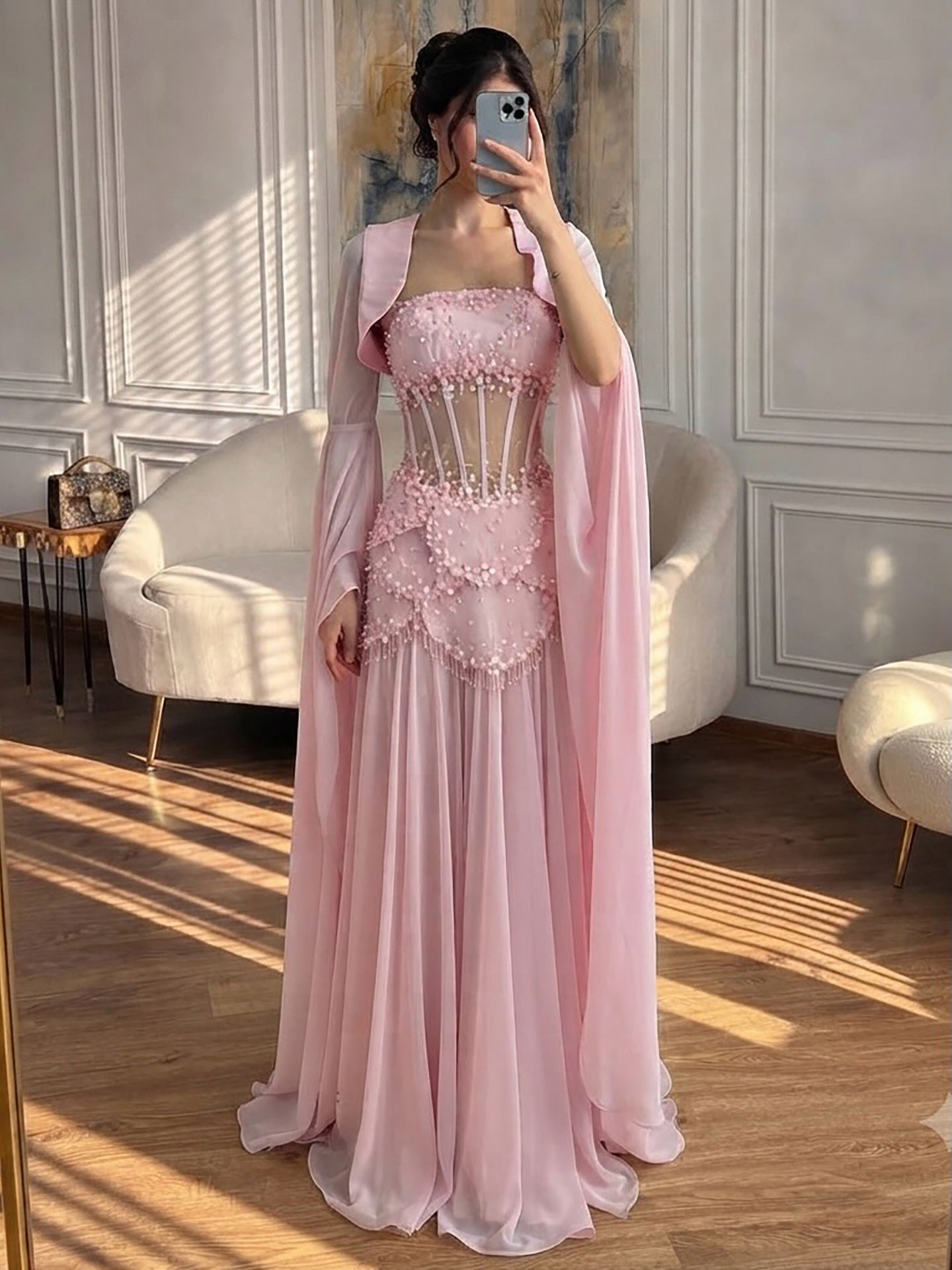 Luxury Pink Beaded A Line Dress with Chiffon Cape Sleeves LA72978B SERENE HILL