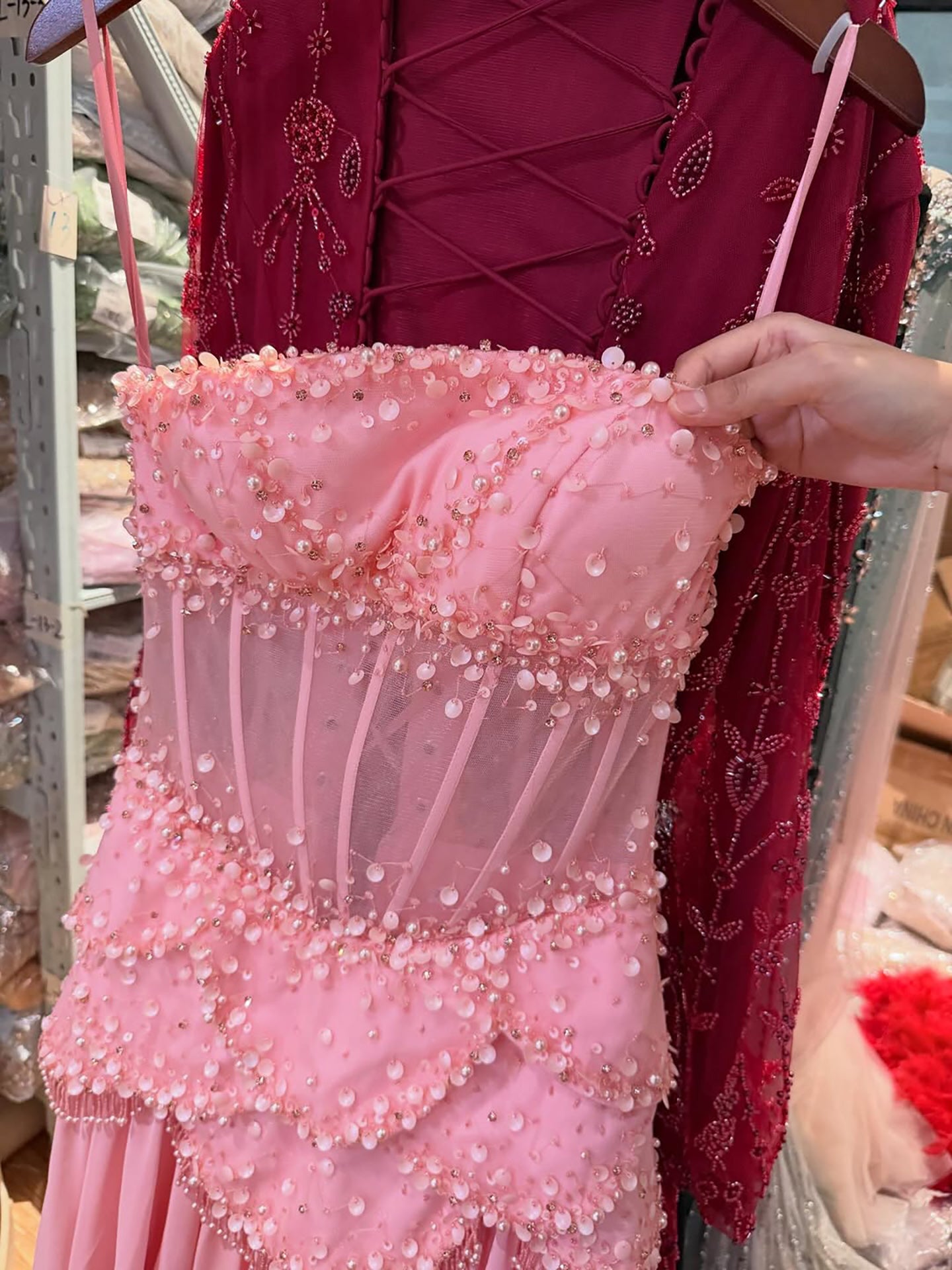 Luxury Pink Beaded A Line Dress with Chiffon Cape Sleeves LA72978B SERENE HILL