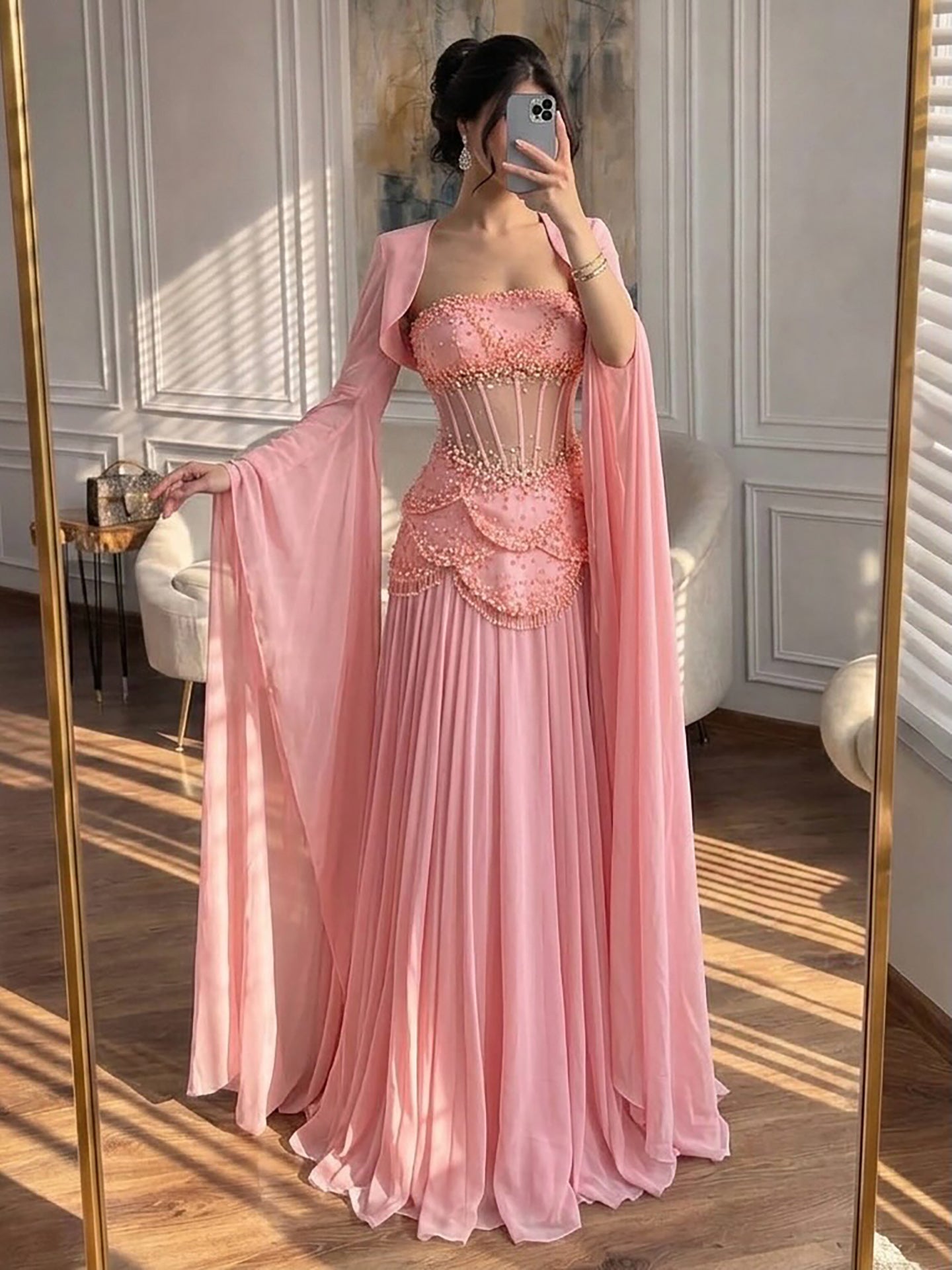 Luxury Pink Beaded A Line Dress with Chiffon Cape Sleeves LA72978B SERENE HILL