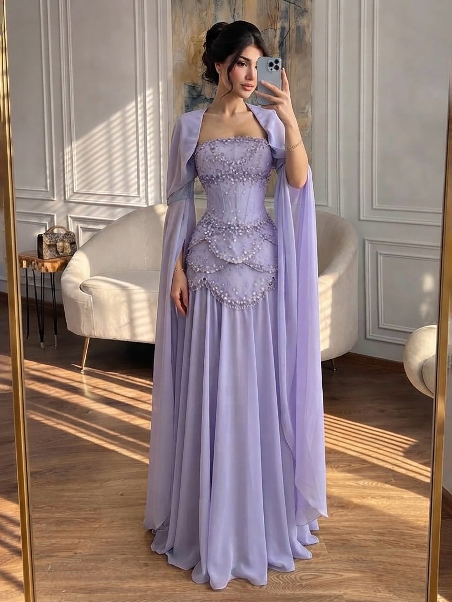 Luxury Pink Beaded A Line Dress with Chiffon Cape Sleeves LA72978B SERENE HILL
