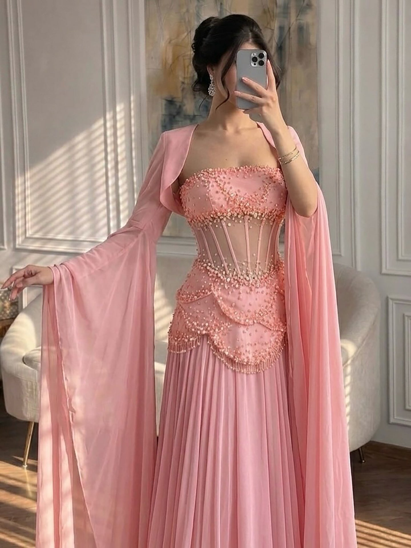 Luxury Pink Beaded A Line Dress with Chiffon Cape Sleeves LA72978B SERENE HILL