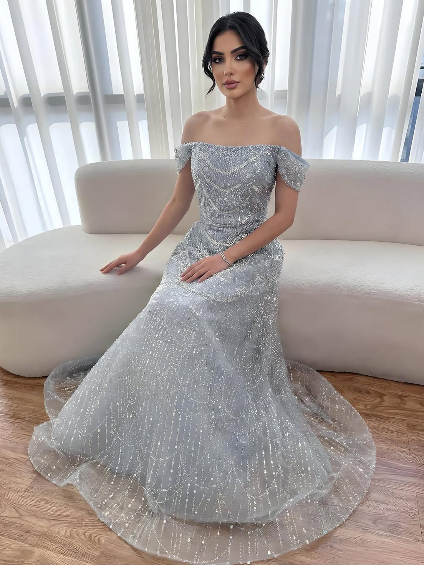 Luxury Nude Off Shoulder Beaded A-Line Evening Dress LA72983C