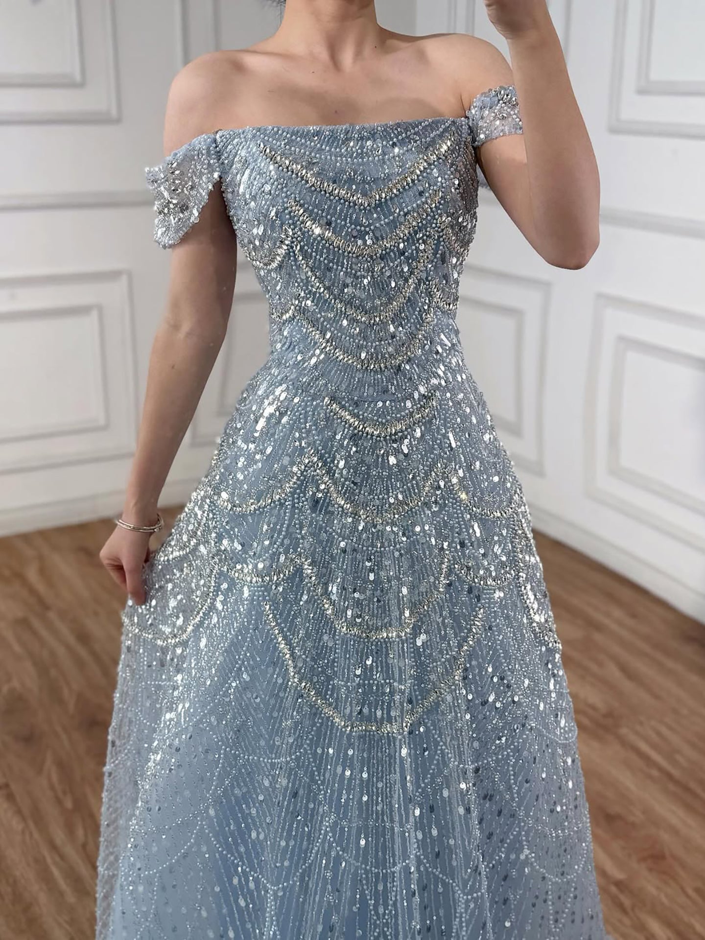 Luxury Nude Off Shoulder Beaded A-Line Evening Dress LA72983C